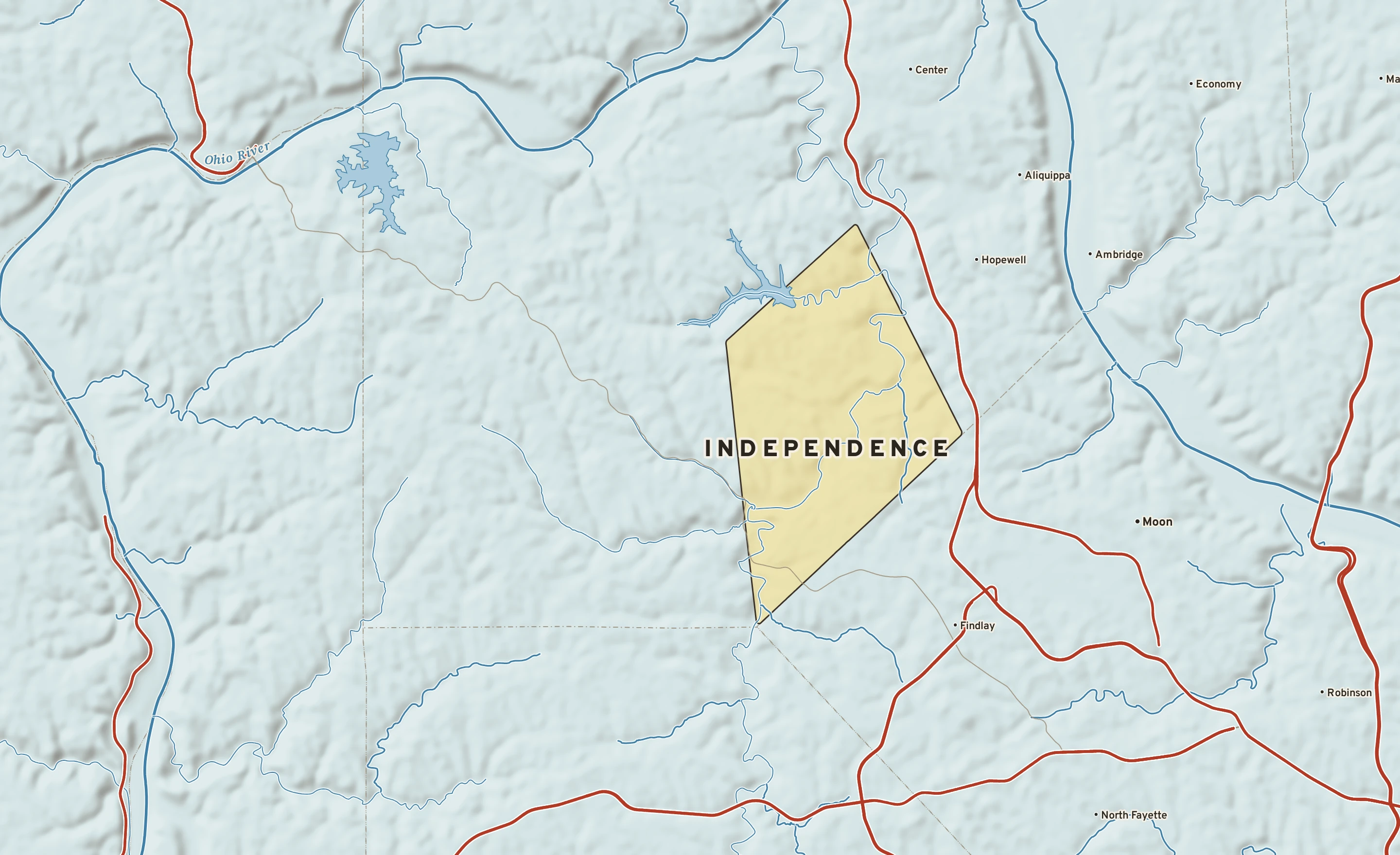 Shaded-relief atlas plate of Independence, Pennsylvania: rivers, roads, the city limits and where the water drains.