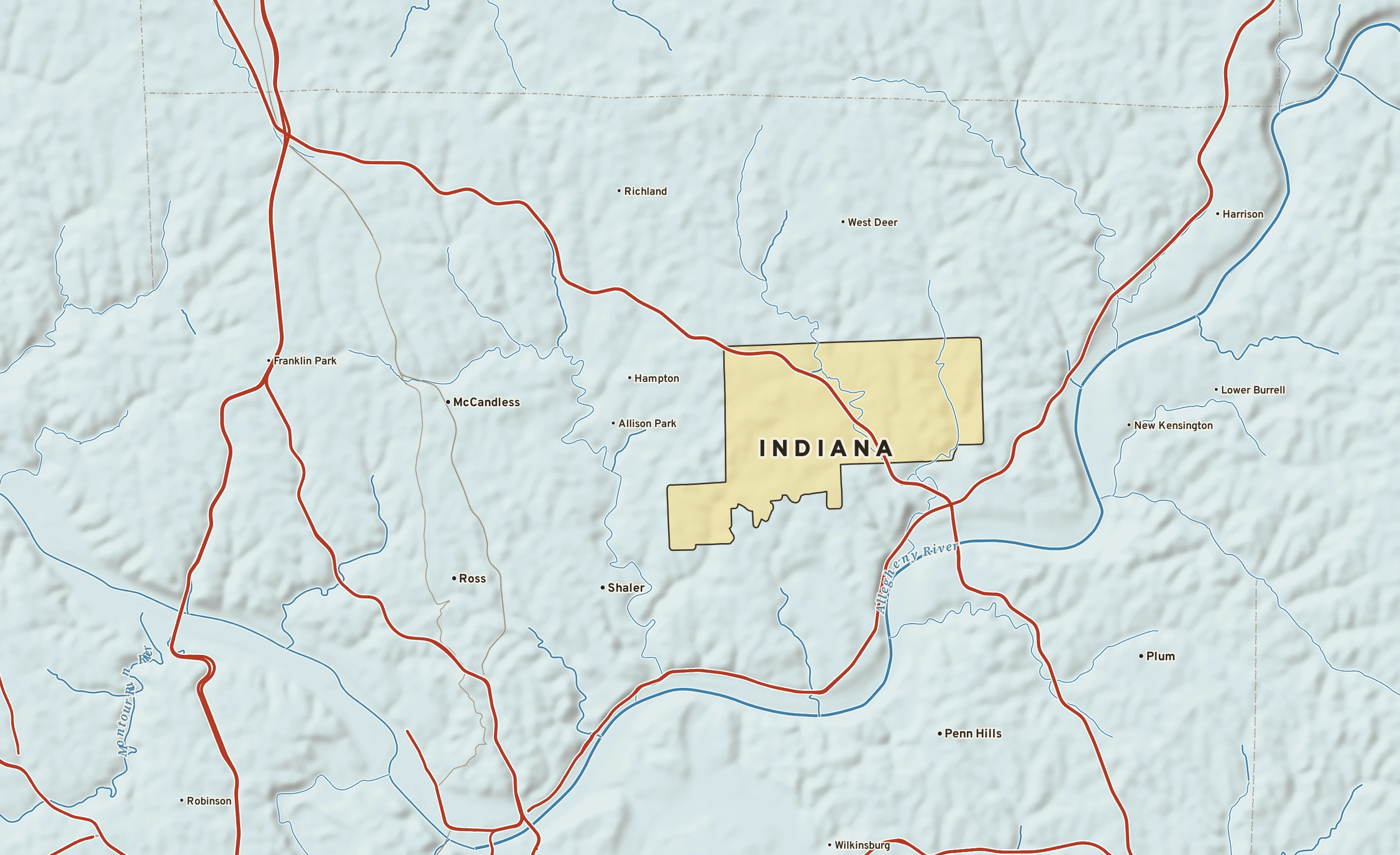 Shaded-relief atlas plate of Indiana, Pennsylvania: rivers, roads, the city limits and where the water drains.
