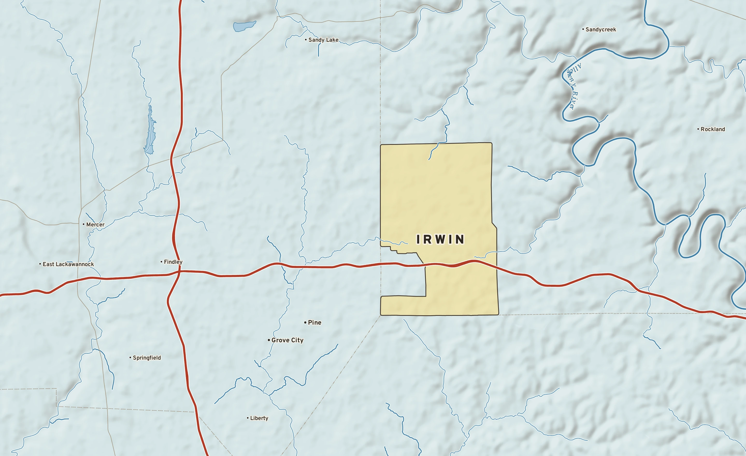 Shaded-relief atlas plate of Irwin, Pennsylvania: rivers, roads, the city limits and where the water drains.