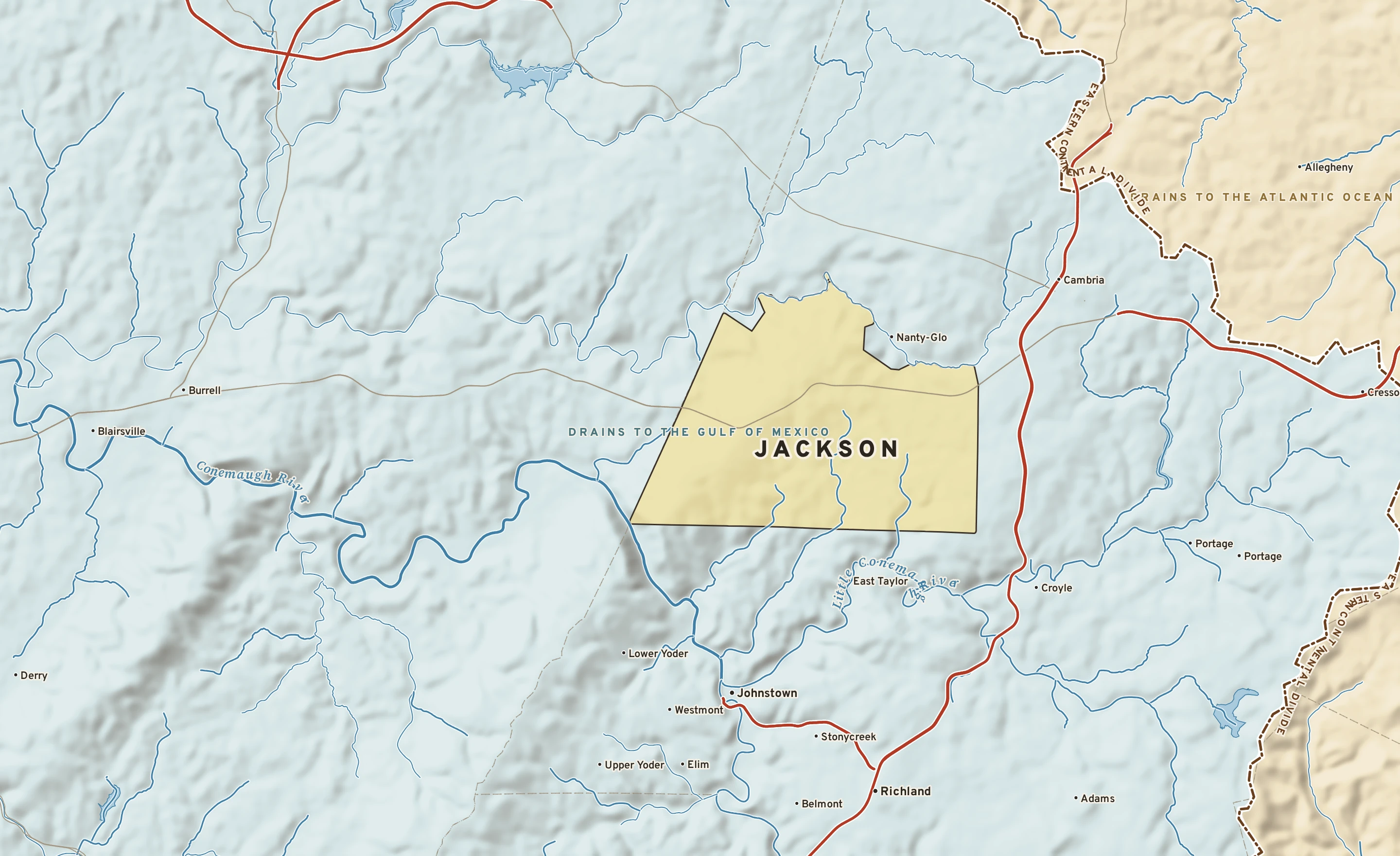 Shaded-relief atlas plate of Jackson, Pennsylvania: rivers, roads, the city limits and where the water drains.