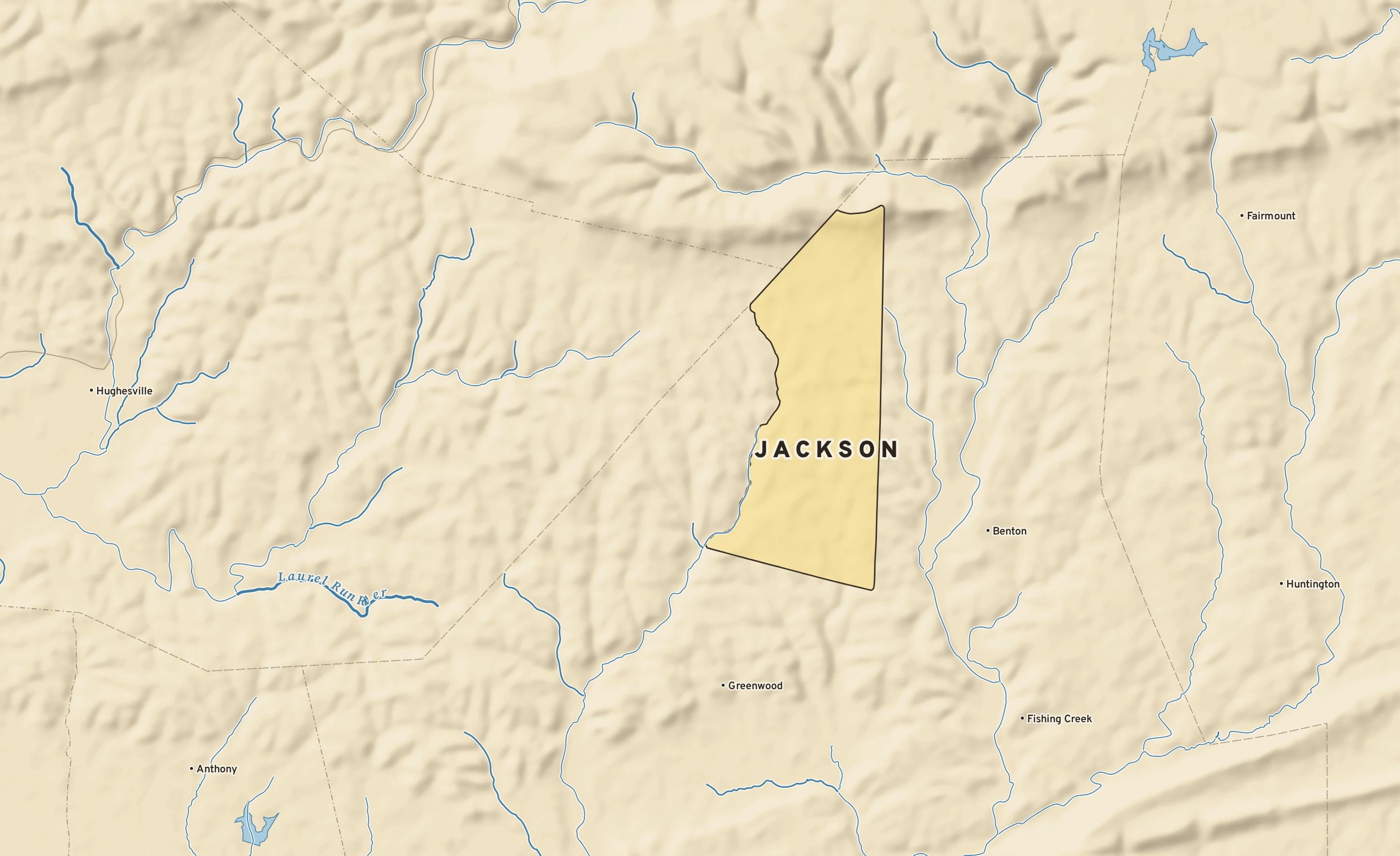 Shaded-relief atlas plate of Jackson, Pennsylvania: rivers, roads, the city limits and where the water drains.