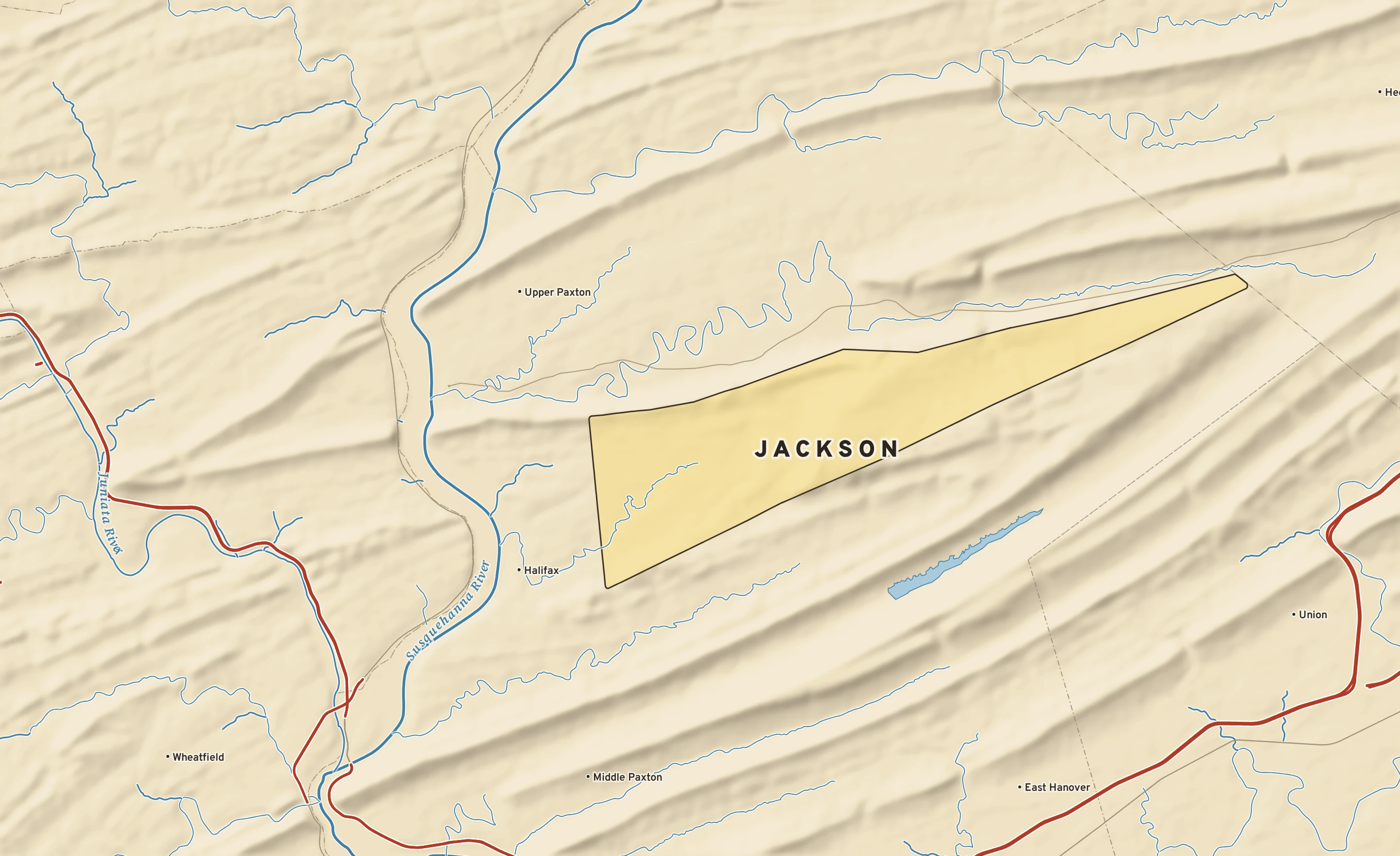 Shaded-relief atlas plate of Jackson, Pennsylvania: rivers, roads, the city limits and where the water drains.