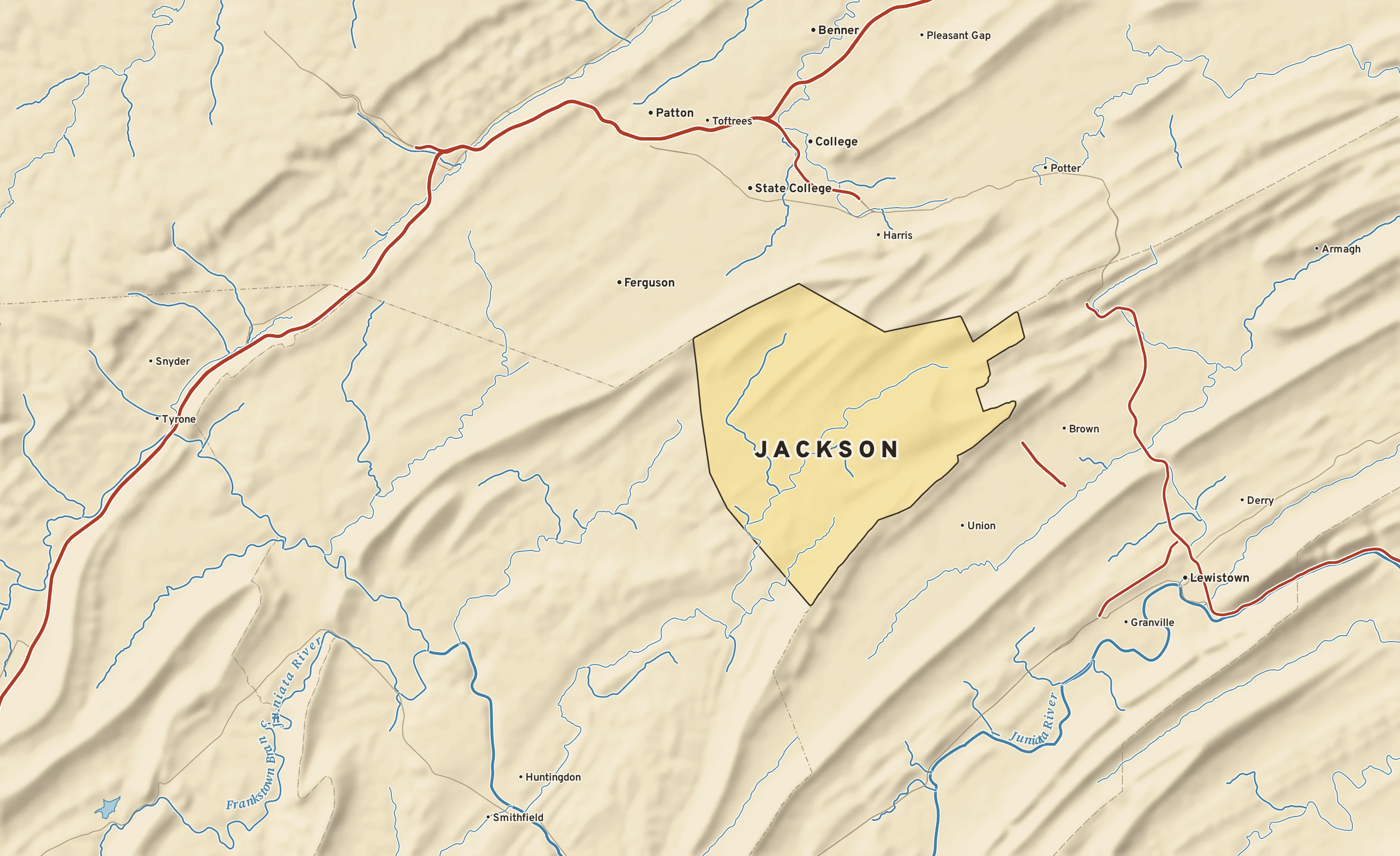 Shaded-relief atlas plate of Jackson, Pennsylvania: rivers, roads, the city limits and where the water drains.