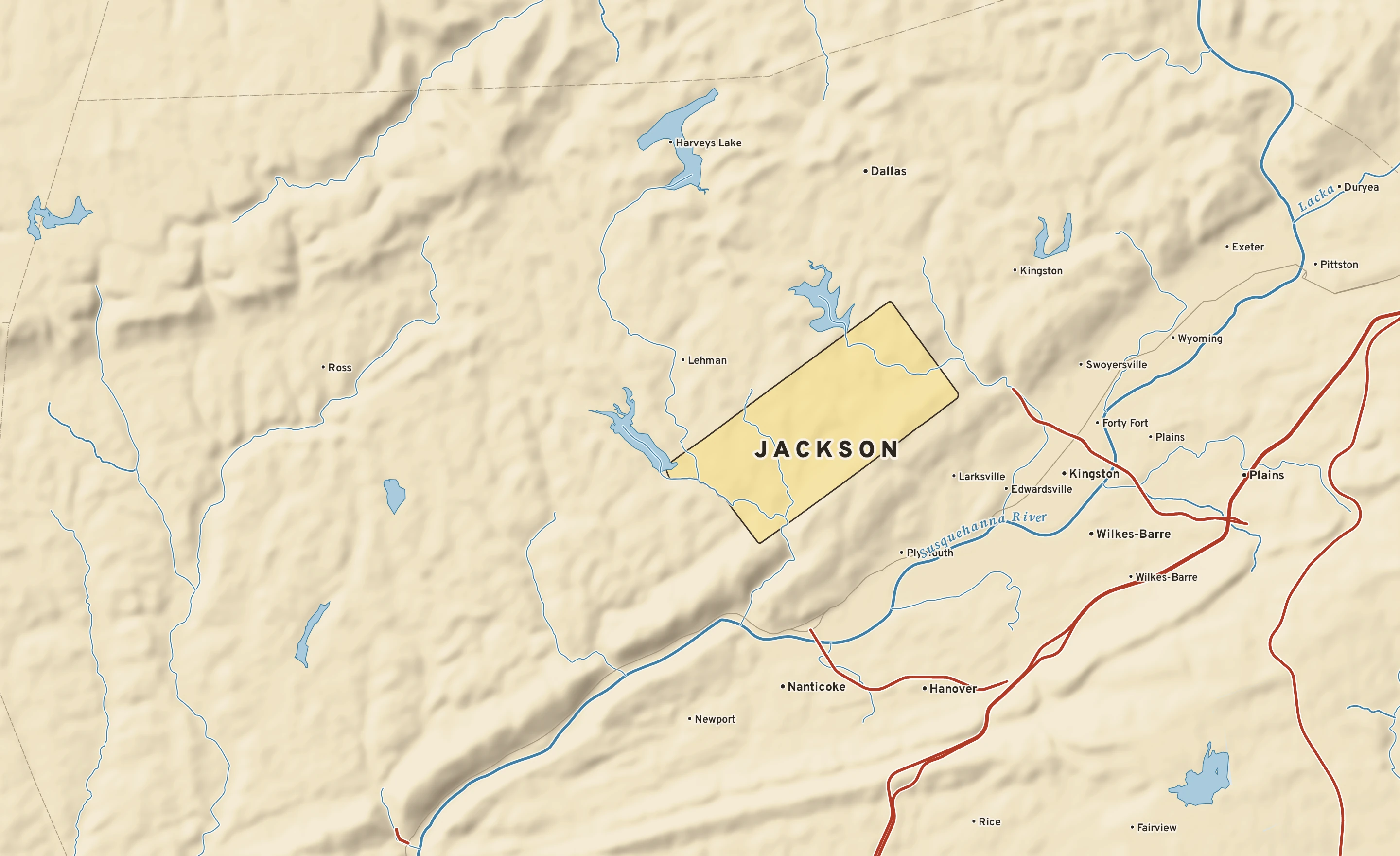 Shaded-relief atlas plate of Jackson, Pennsylvania: rivers, roads, the city limits and where the water drains.