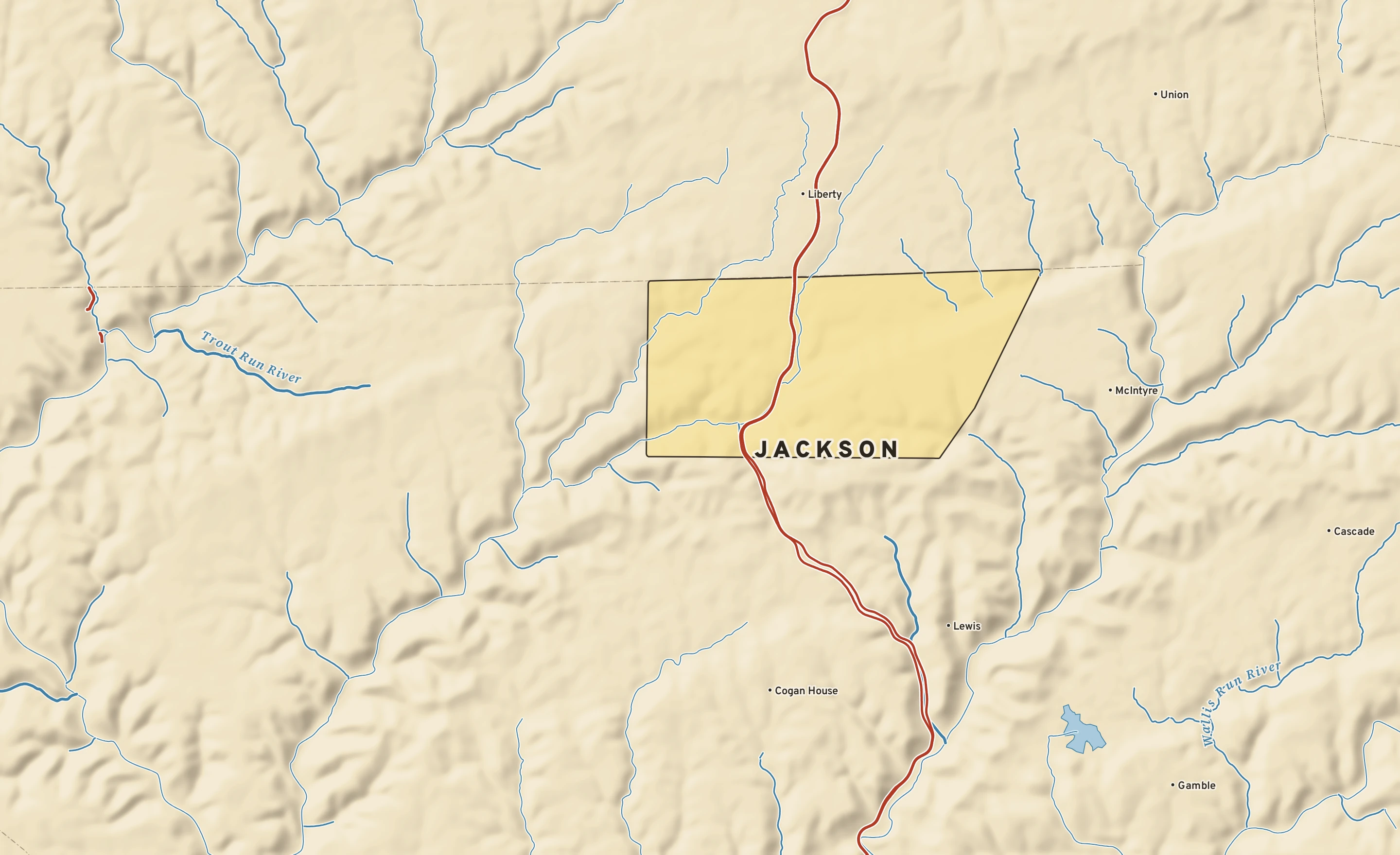 Shaded-relief atlas plate of Jackson, Pennsylvania: rivers, roads, the city limits and where the water drains.