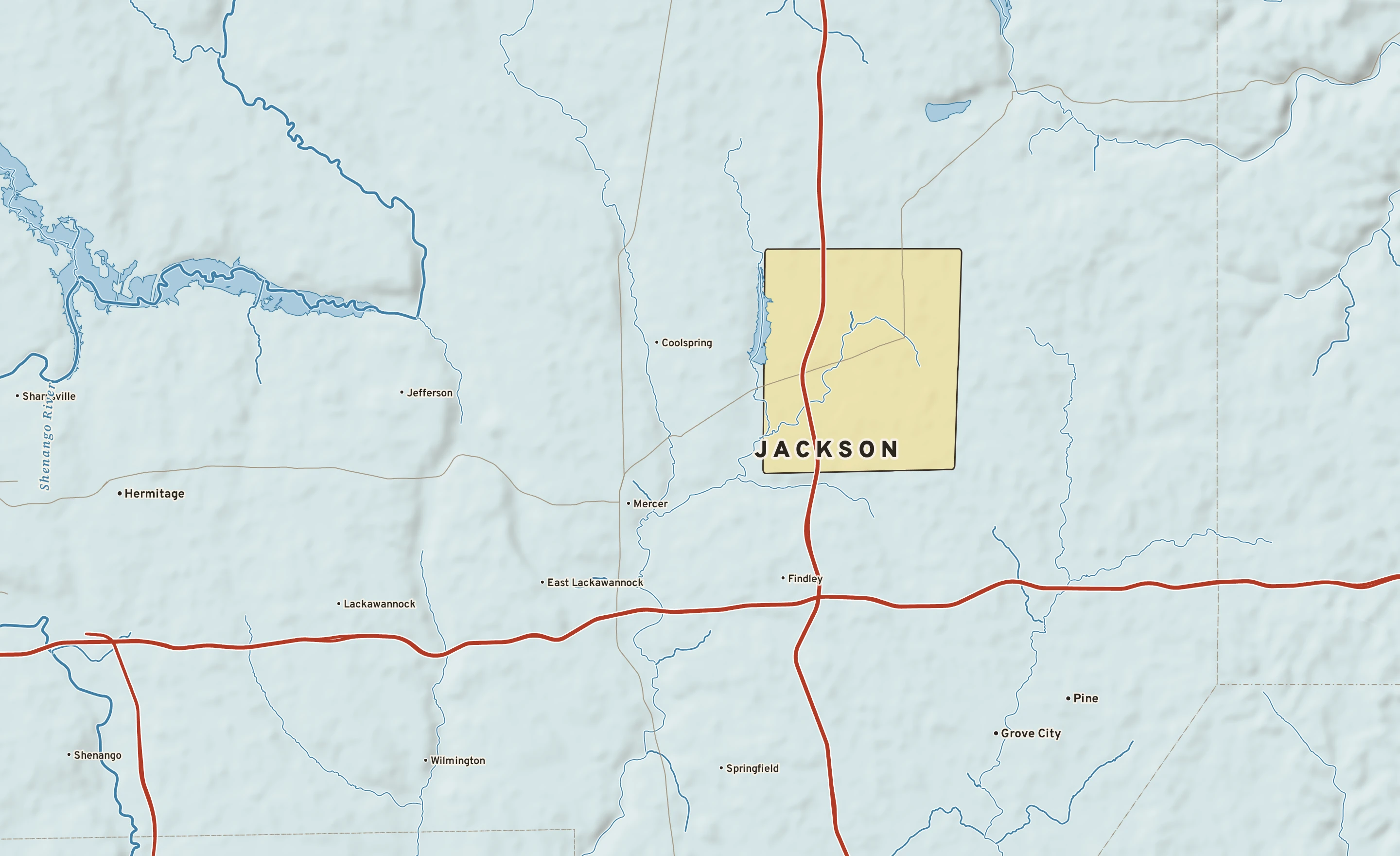 Shaded-relief atlas plate of Jackson, Pennsylvania: rivers, roads, the city limits and where the water drains.