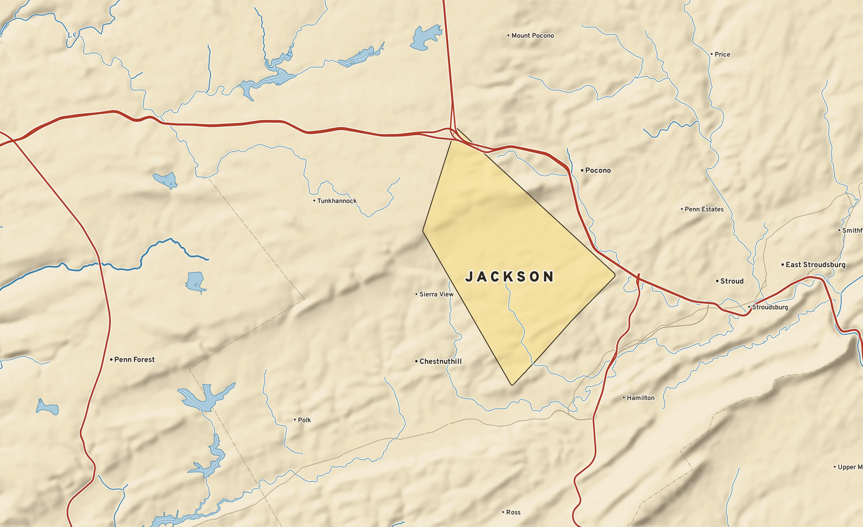 Shaded-relief atlas plate of Jackson, Pennsylvania: rivers, roads, the city limits and where the water drains.