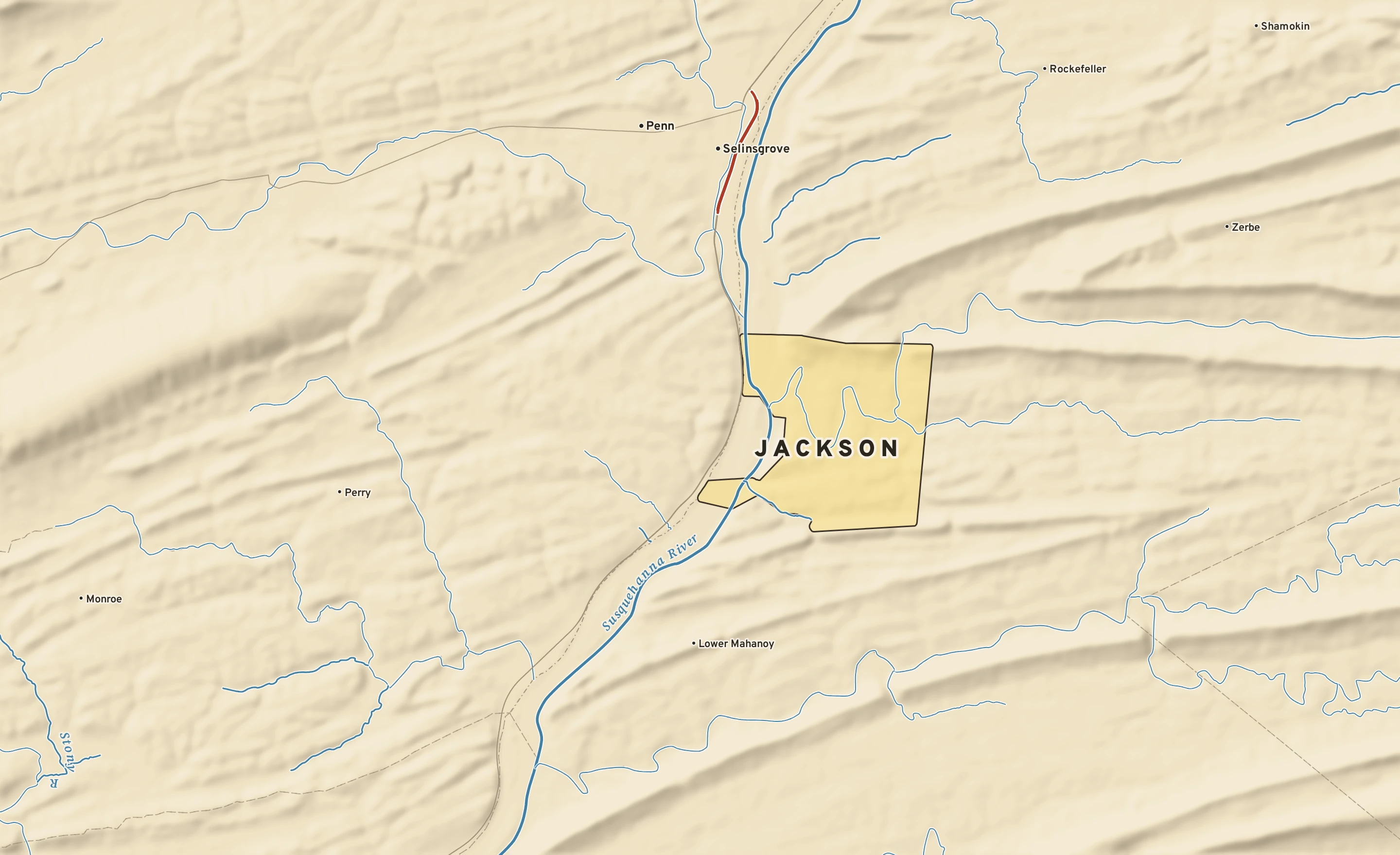 Shaded-relief atlas plate of Jackson, Pennsylvania: rivers, roads, the city limits and where the water drains.