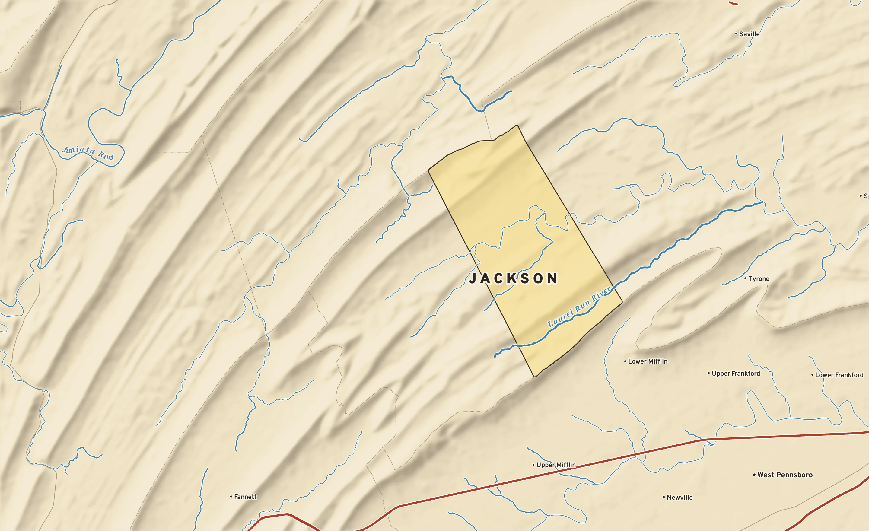 Shaded-relief atlas plate of Jackson, Pennsylvania: rivers, roads, the city limits and where the water drains.