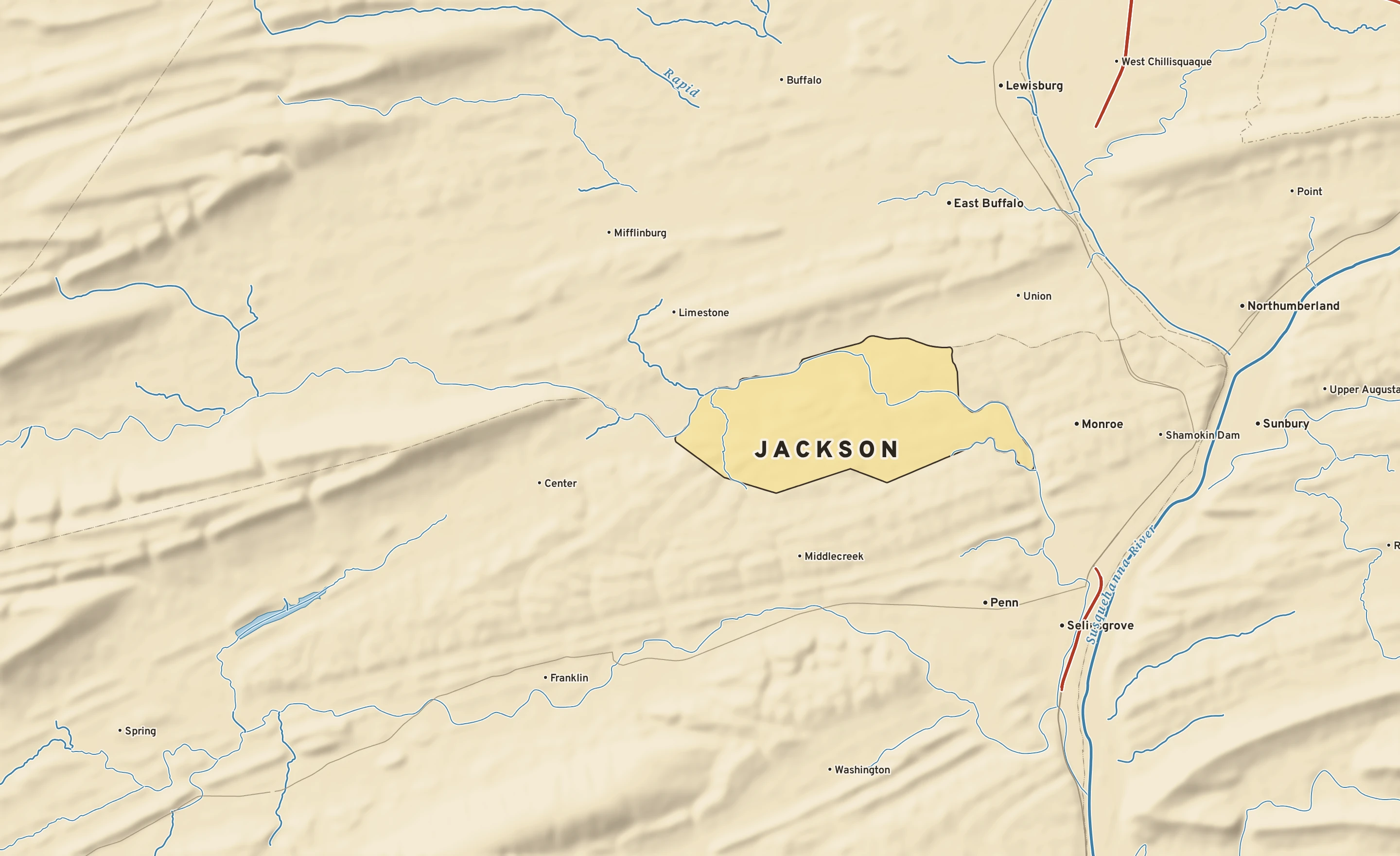 Shaded-relief atlas plate of Jackson, Pennsylvania: rivers, roads, the city limits and where the water drains.