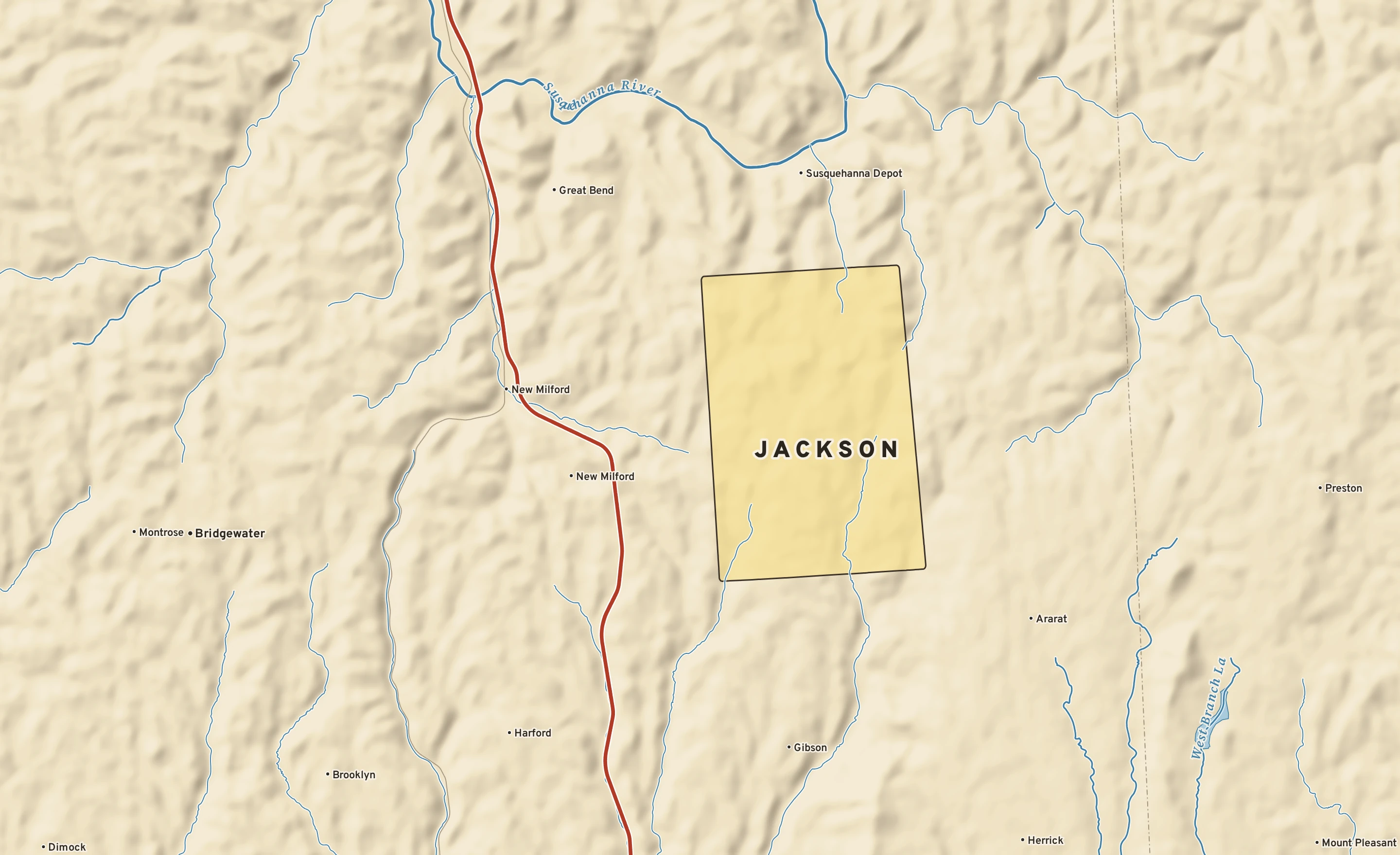 Shaded-relief atlas plate of Jackson, Pennsylvania: rivers, roads, the city limits and where the water drains.
