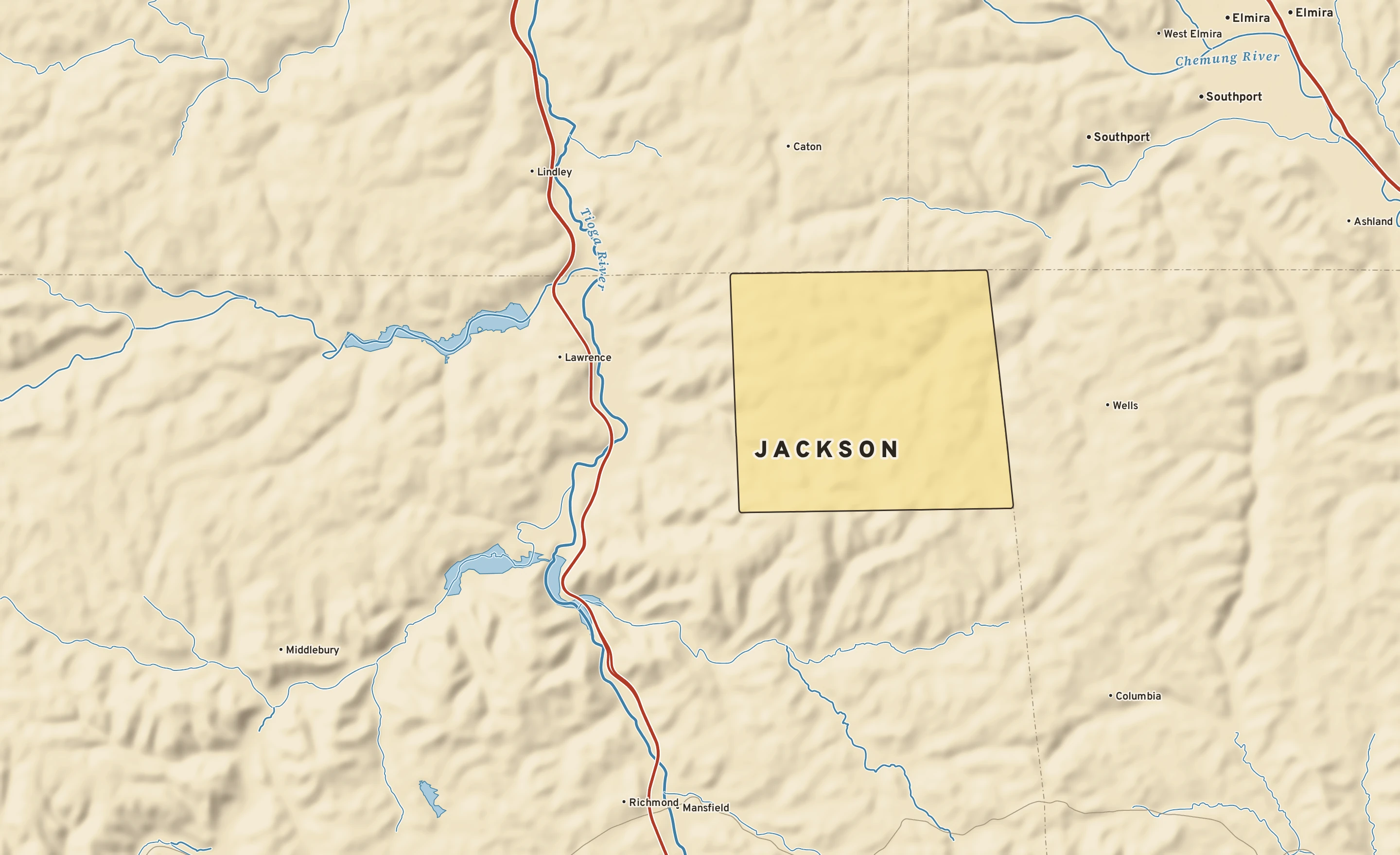 Shaded-relief atlas plate of Jackson, Pennsylvania: rivers, roads, the city limits and where the water drains.