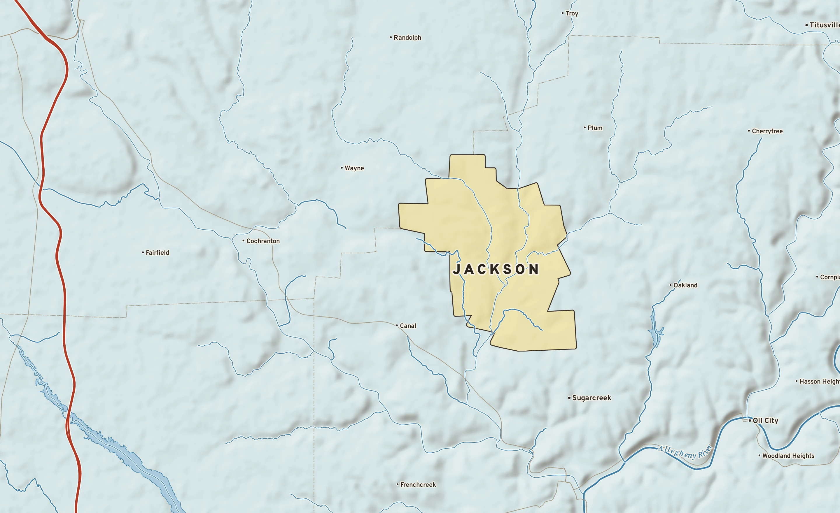 Shaded-relief atlas plate of Jackson, Pennsylvania: rivers, roads, the city limits and where the water drains.