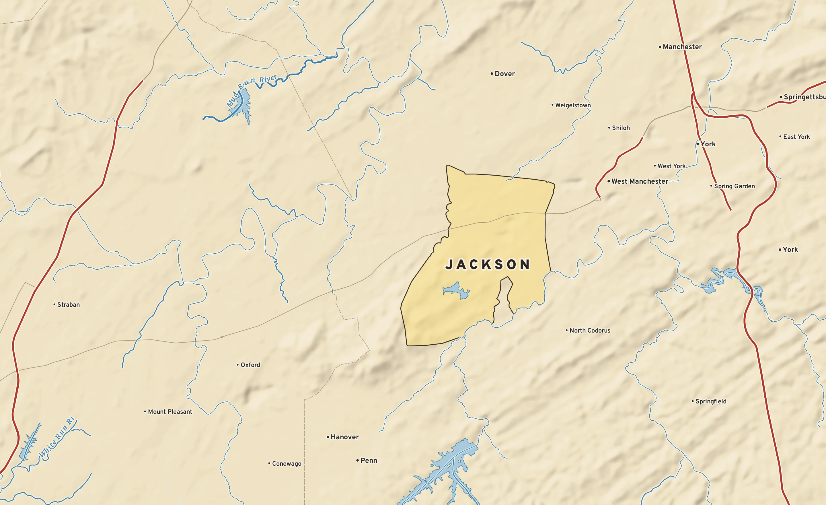 Shaded-relief atlas plate of Jackson, Pennsylvania: rivers, roads, the city limits and where the water drains.