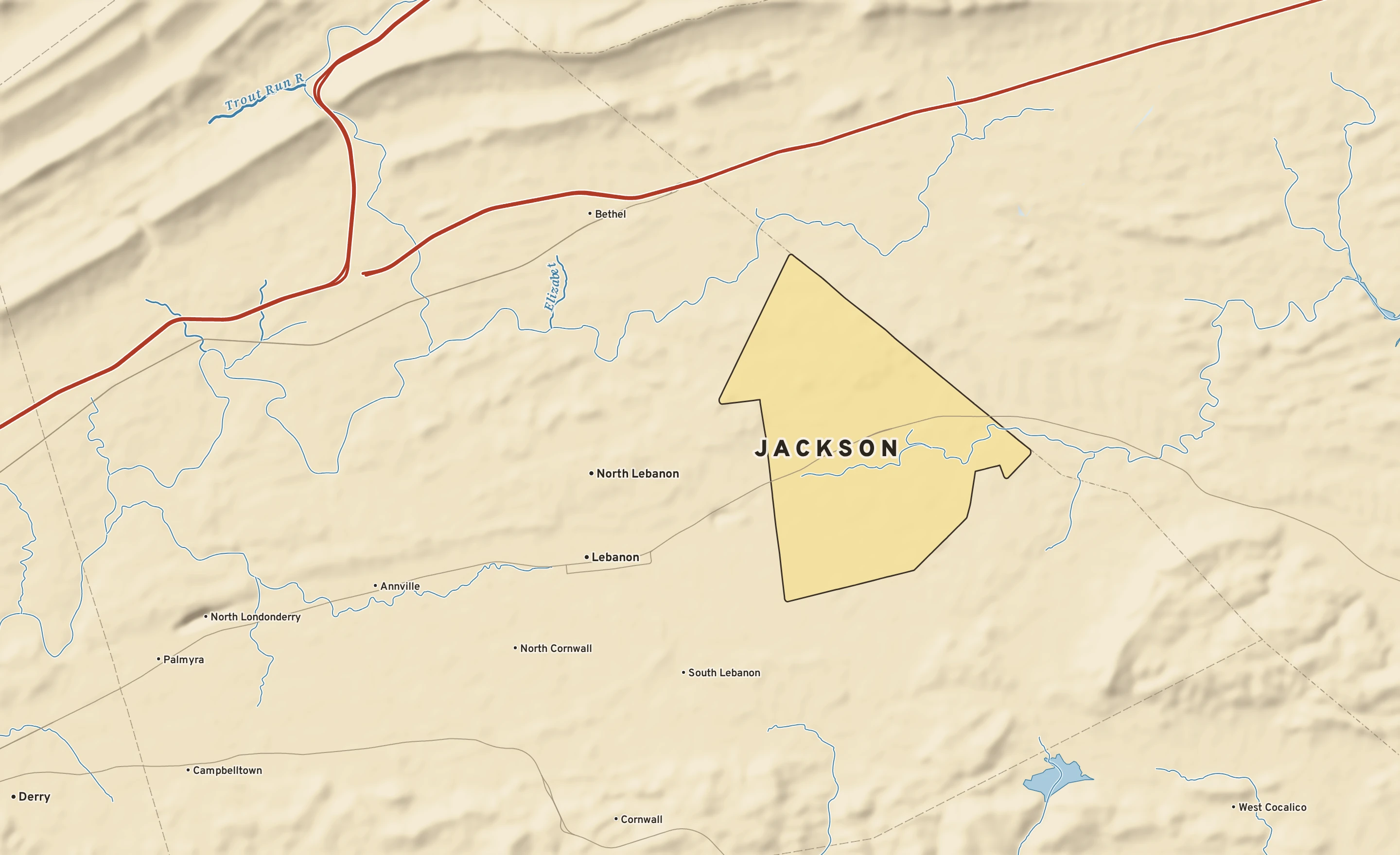 Shaded-relief atlas plate of Jackson, Pennsylvania: rivers, roads, the city limits and where the water drains.