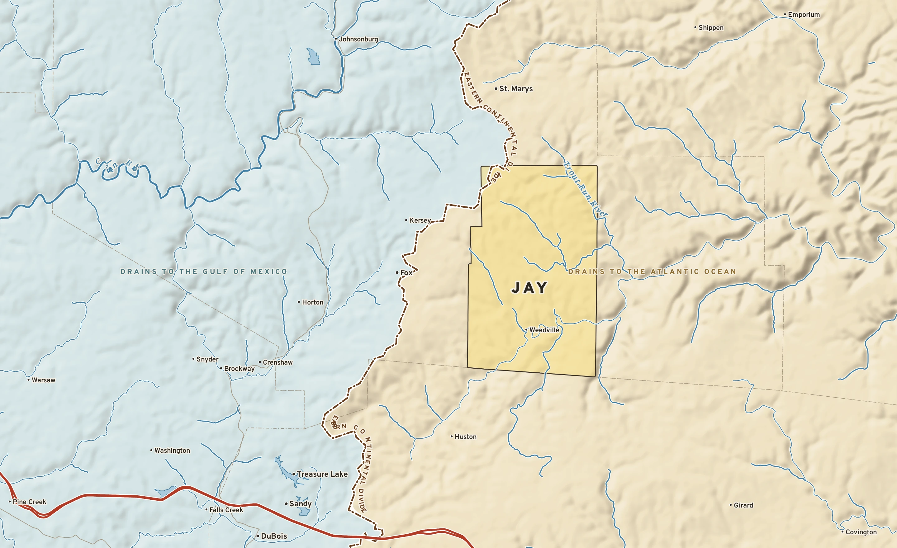 Shaded-relief atlas plate of Jay, Pennsylvania: rivers, roads, the city limits and where the water drains.