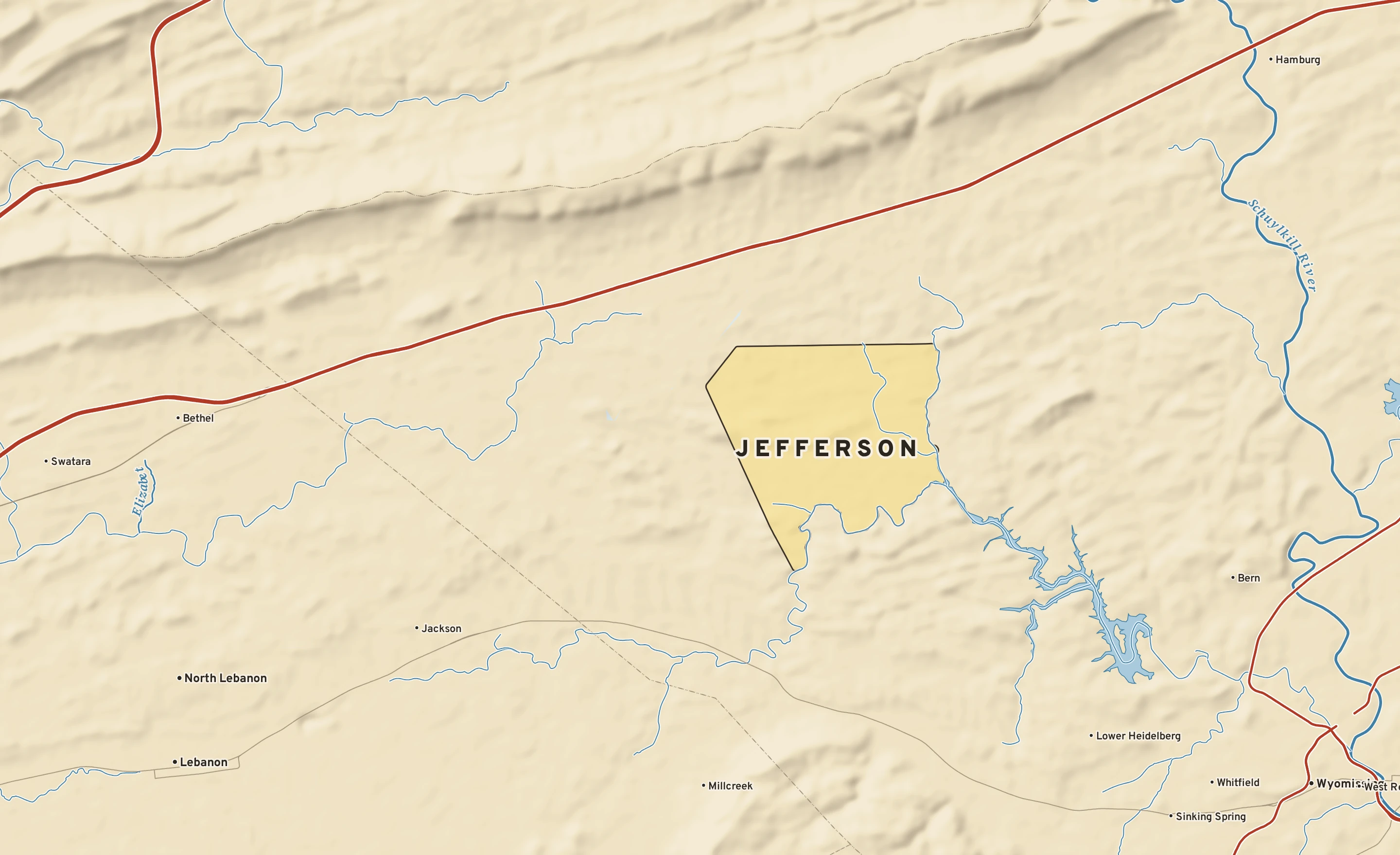 Shaded-relief atlas plate of Jefferson, Pennsylvania: rivers, roads, the city limits and where the water drains.