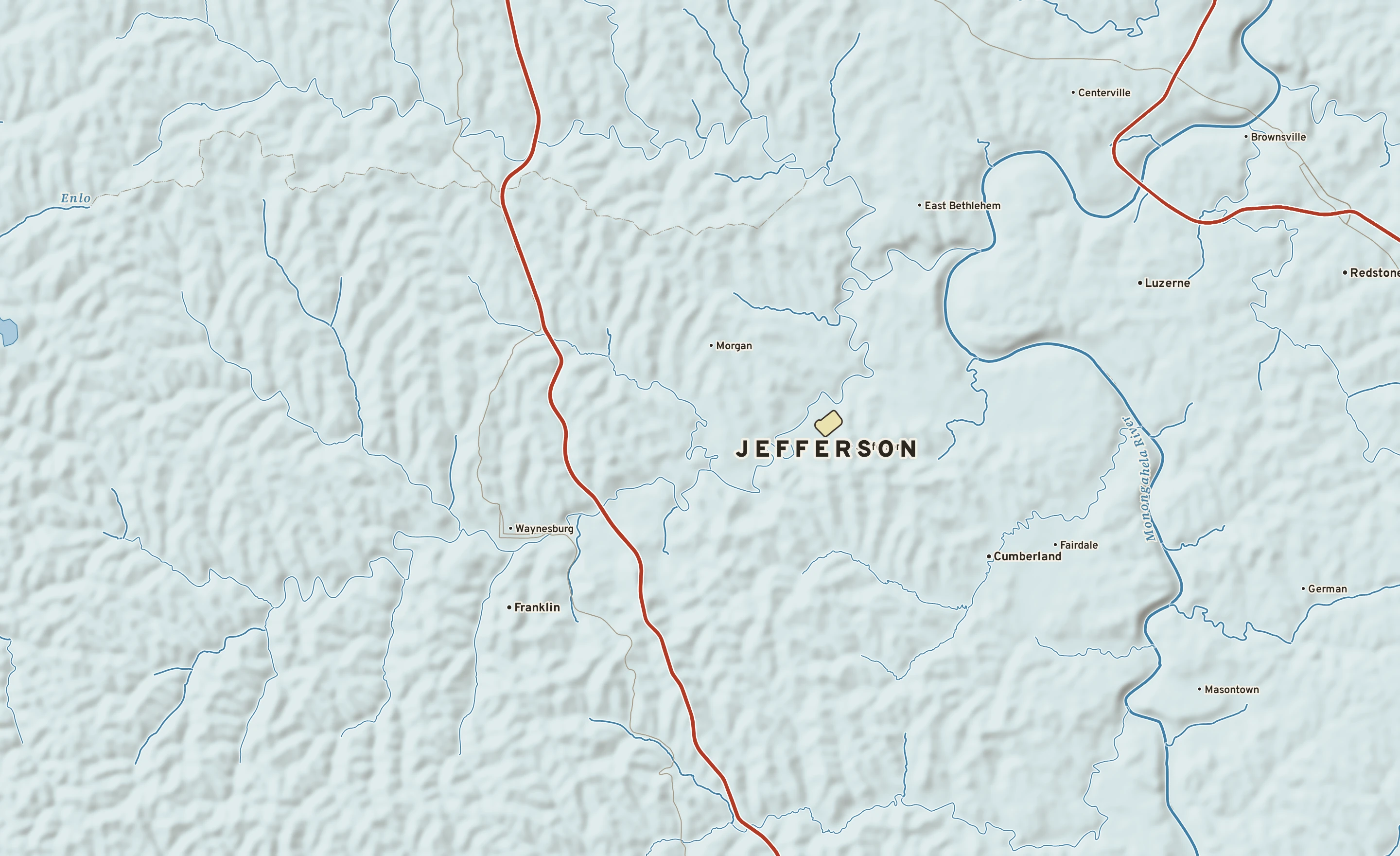 Shaded-relief atlas plate of Jefferson, Pennsylvania: rivers, roads, the city limits and where the water drains.