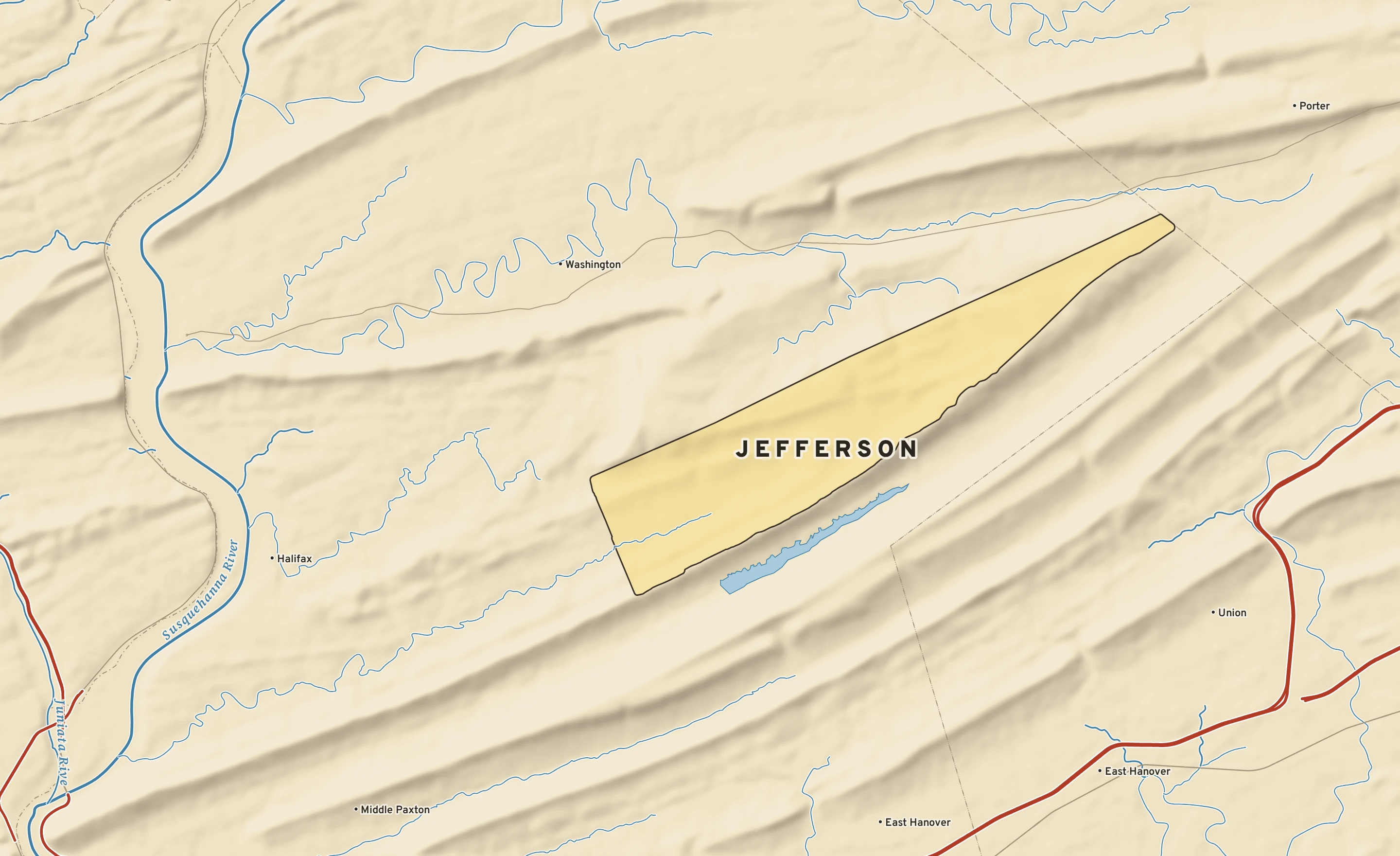 Shaded-relief atlas plate of Jefferson, Pennsylvania: rivers, roads, the city limits and where the water drains.