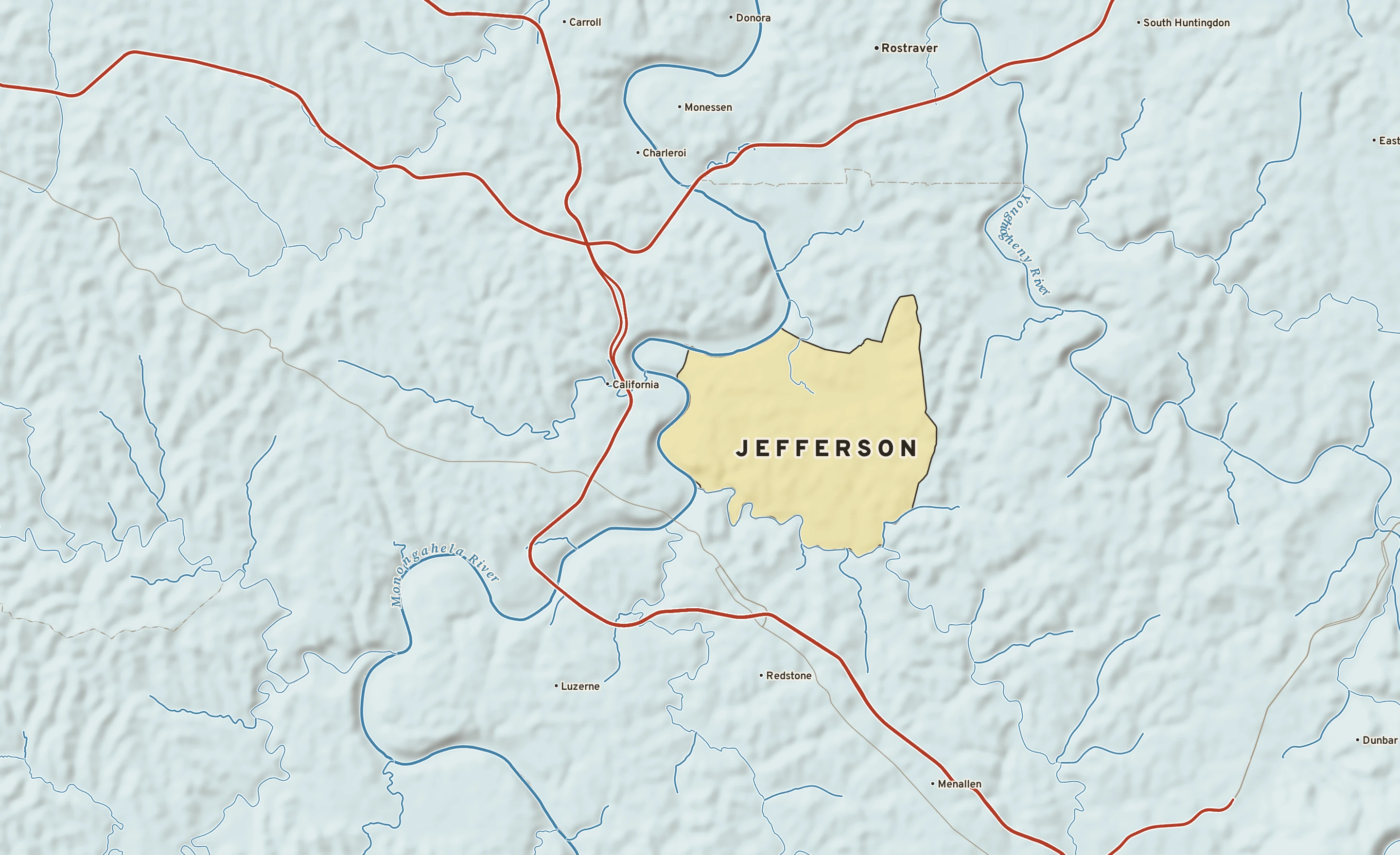 Shaded-relief atlas plate of Jefferson, Pennsylvania: rivers, roads, the city limits and where the water drains.