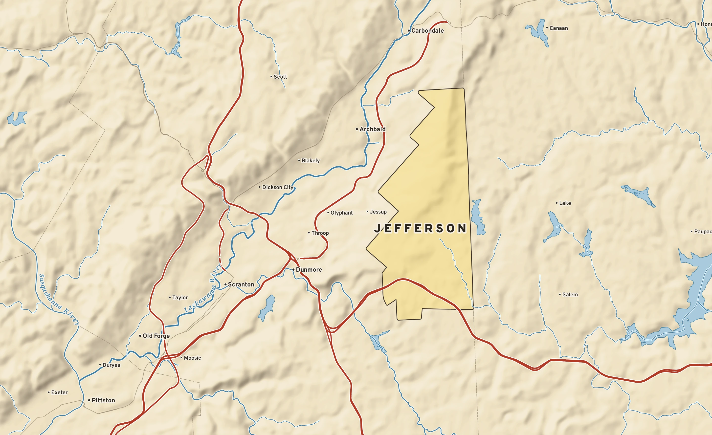 Shaded-relief atlas plate of Jefferson, Pennsylvania: rivers, roads, the city limits and where the water drains.