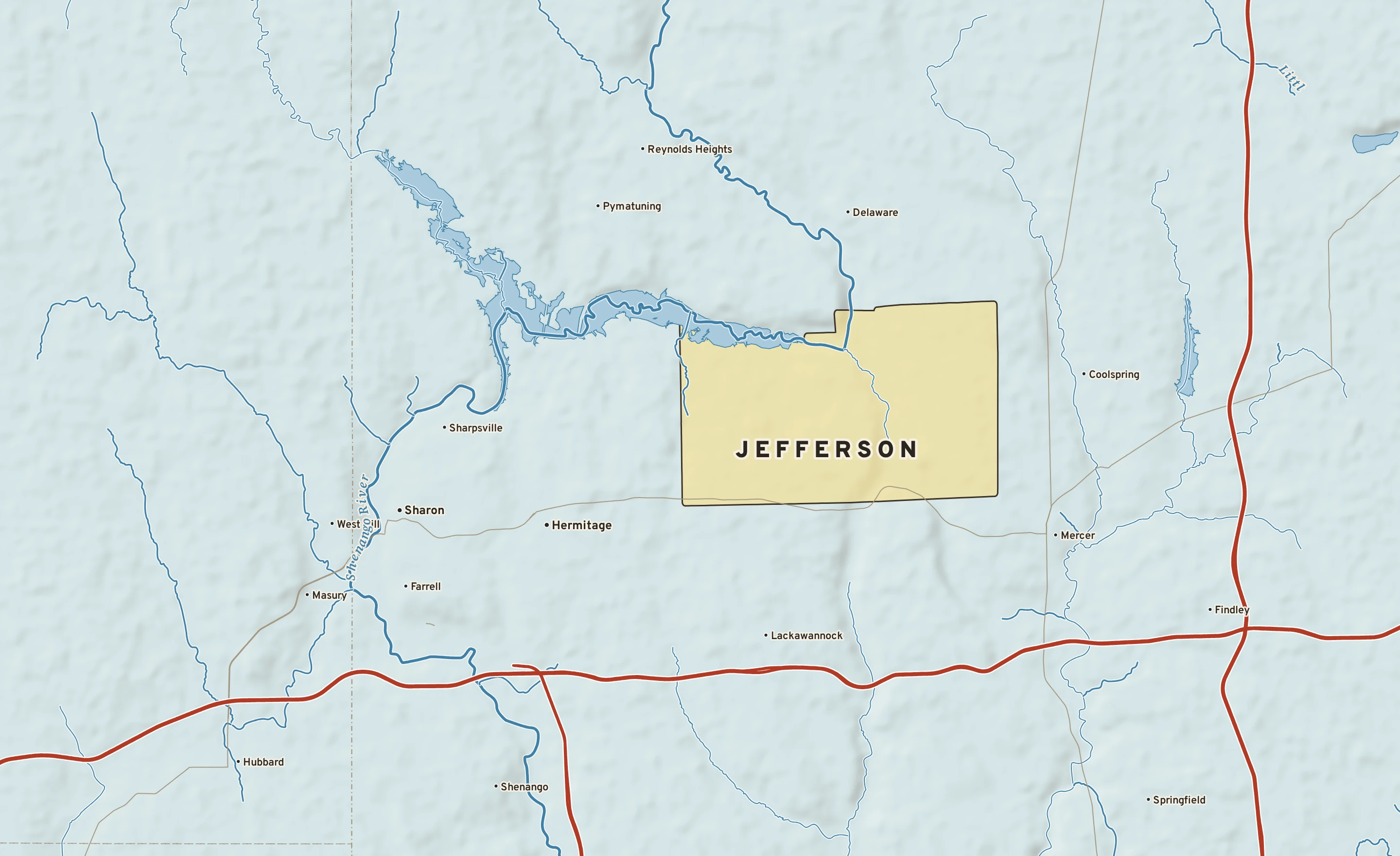 Shaded-relief atlas plate of Jefferson, Pennsylvania: rivers, roads, the city limits and where the water drains.