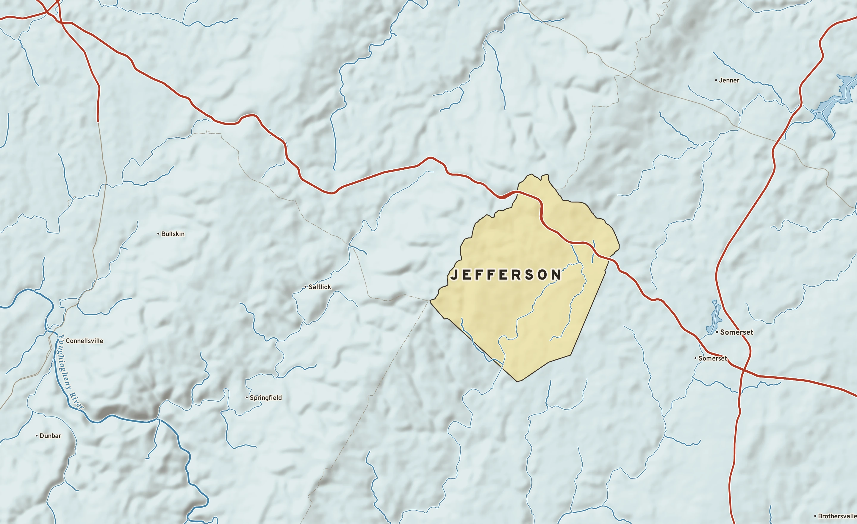 Shaded-relief atlas plate of Jefferson, Pennsylvania: rivers, roads, the city limits and where the water drains.