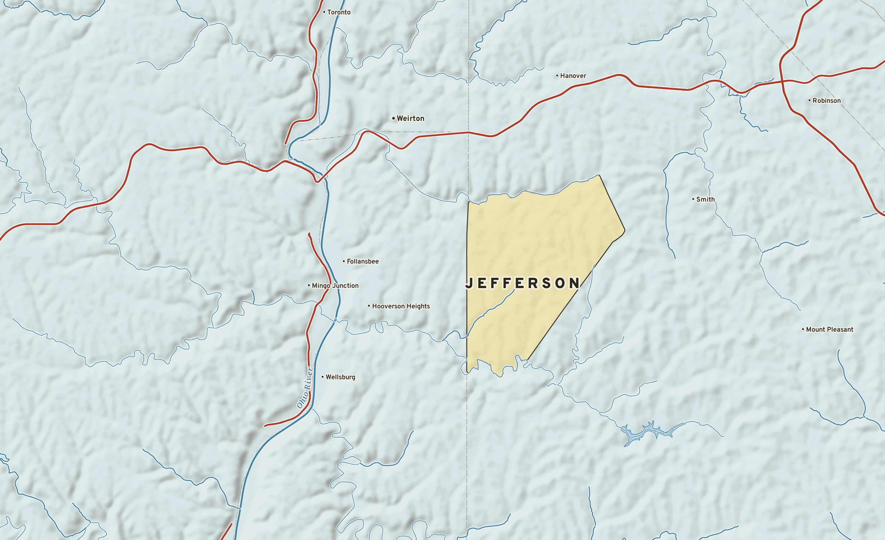 Shaded-relief atlas plate of Jefferson, Pennsylvania: rivers, roads, the city limits and where the water drains.