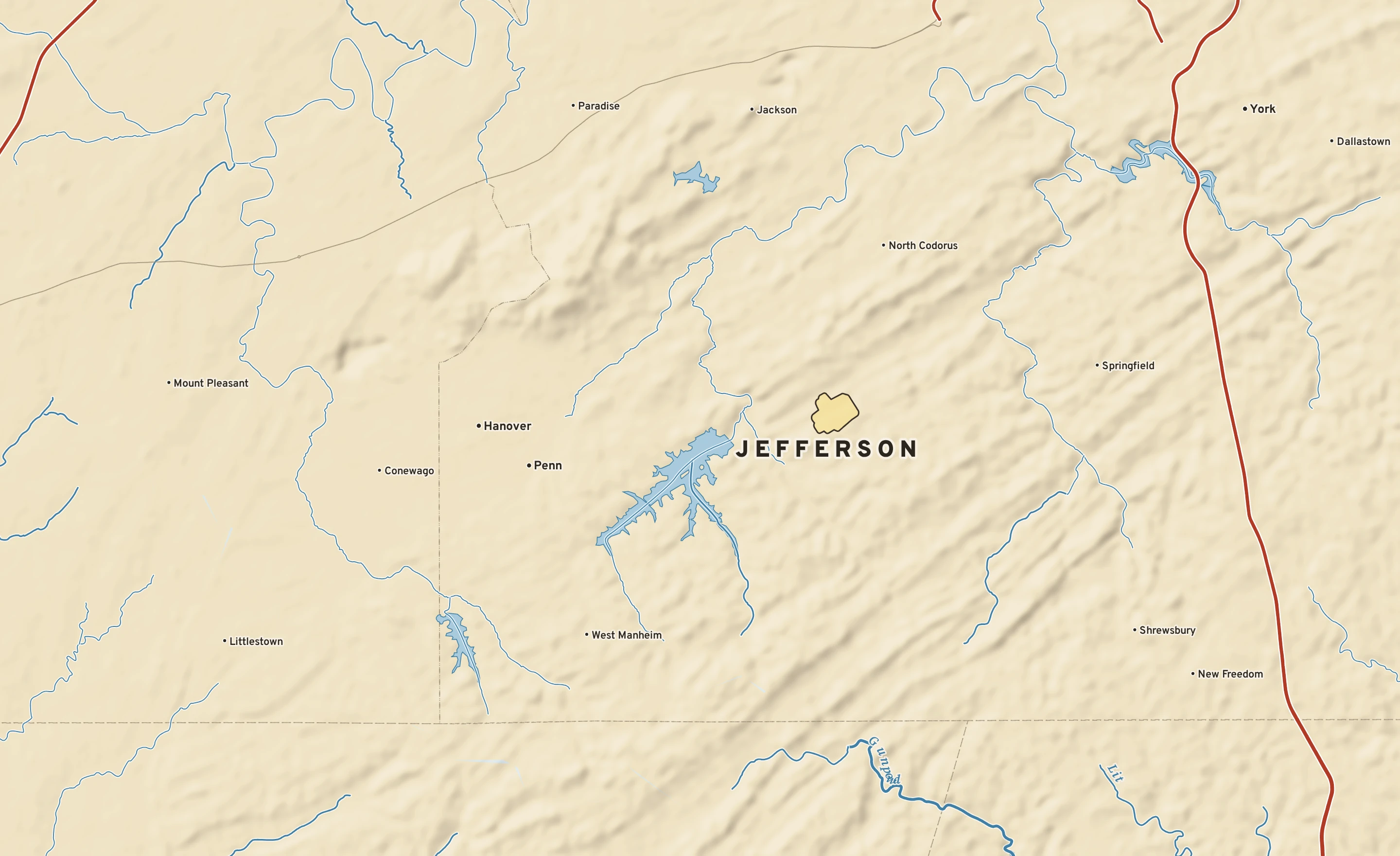 Shaded-relief atlas plate of Jefferson, Pennsylvania: rivers, roads, the city limits and where the water drains.