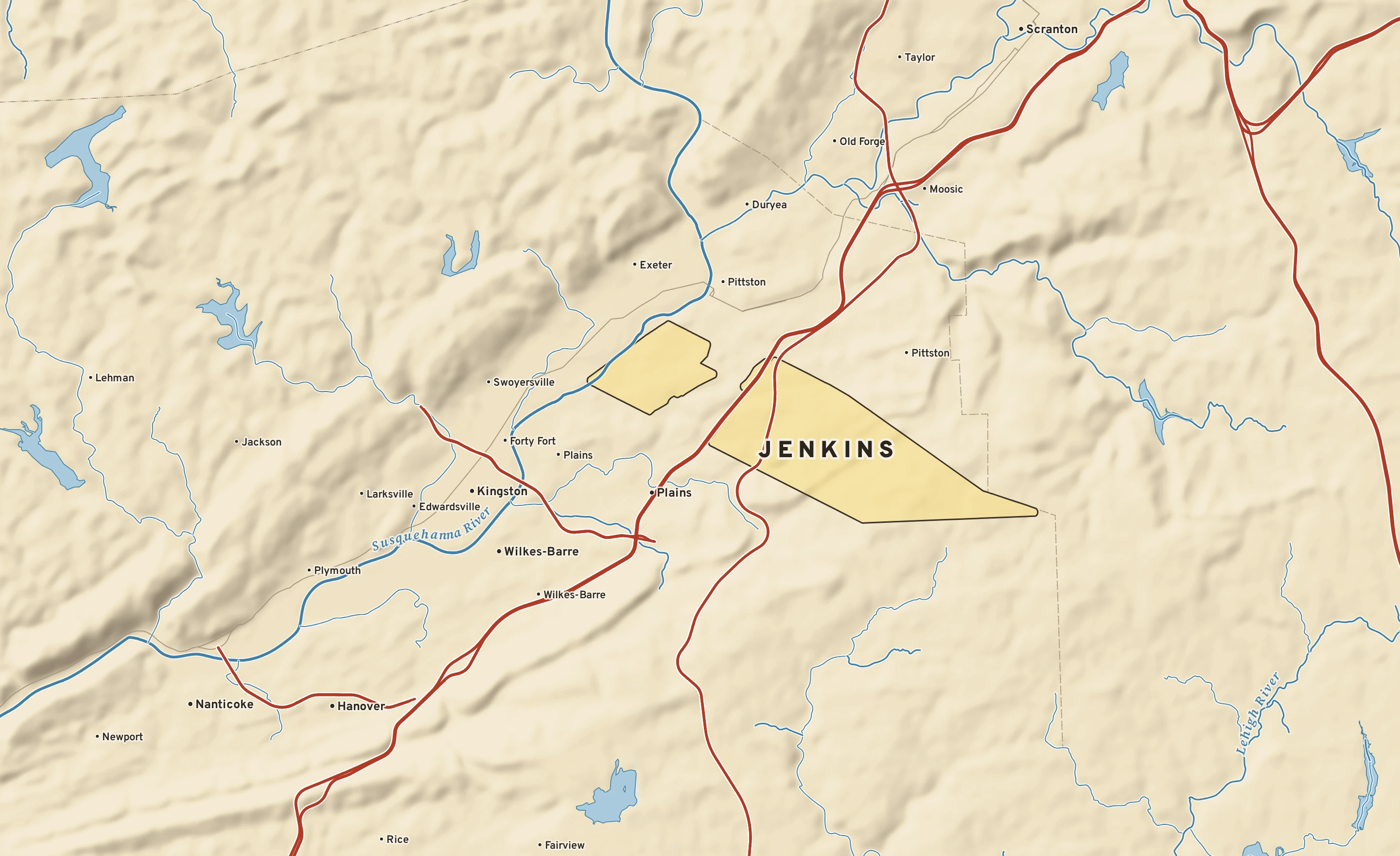 Shaded-relief atlas plate of Jenkins, Pennsylvania: rivers, roads, the city limits and where the water drains.