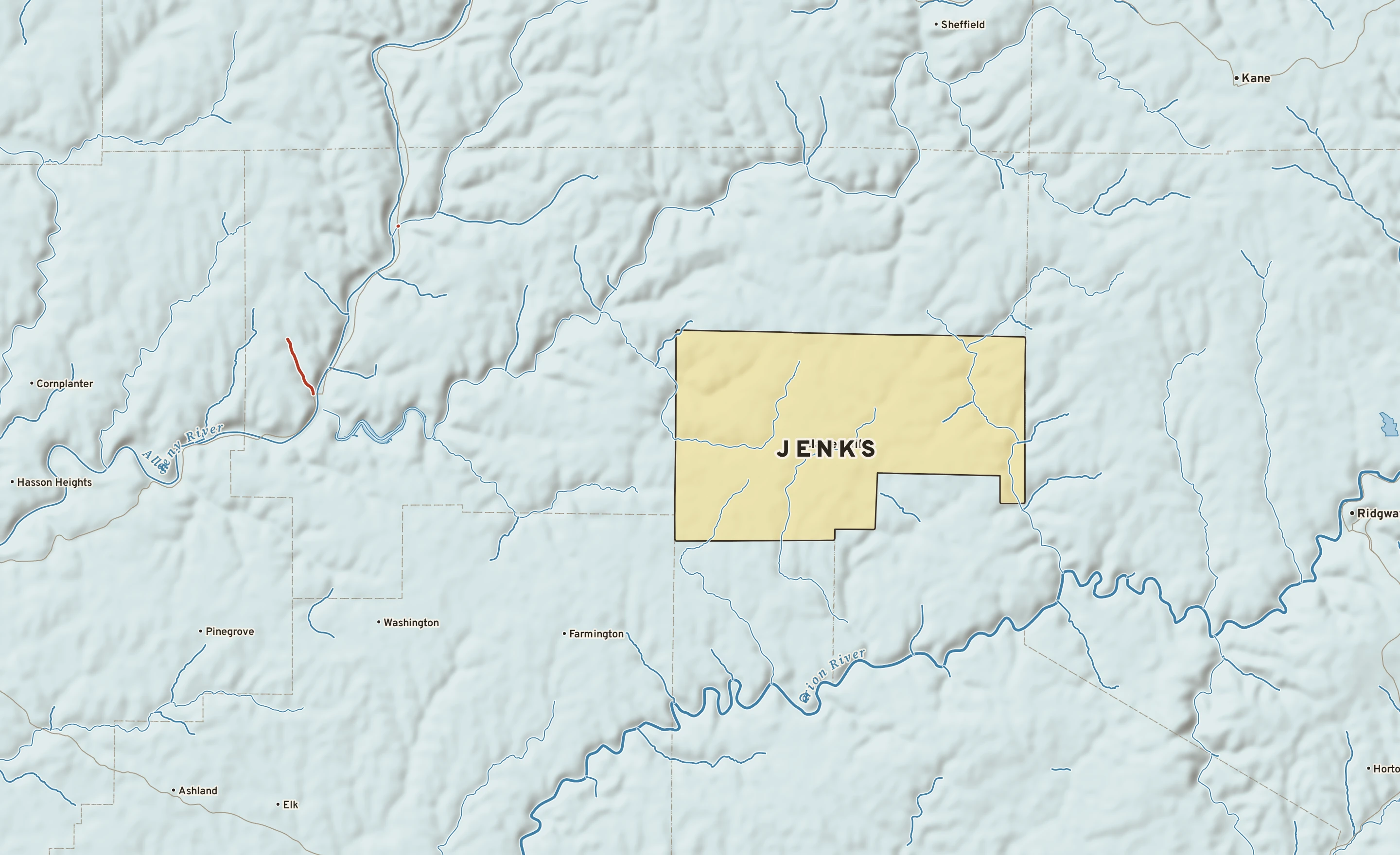 Shaded-relief atlas plate of Jenks, Pennsylvania: rivers, roads, the city limits and where the water drains.