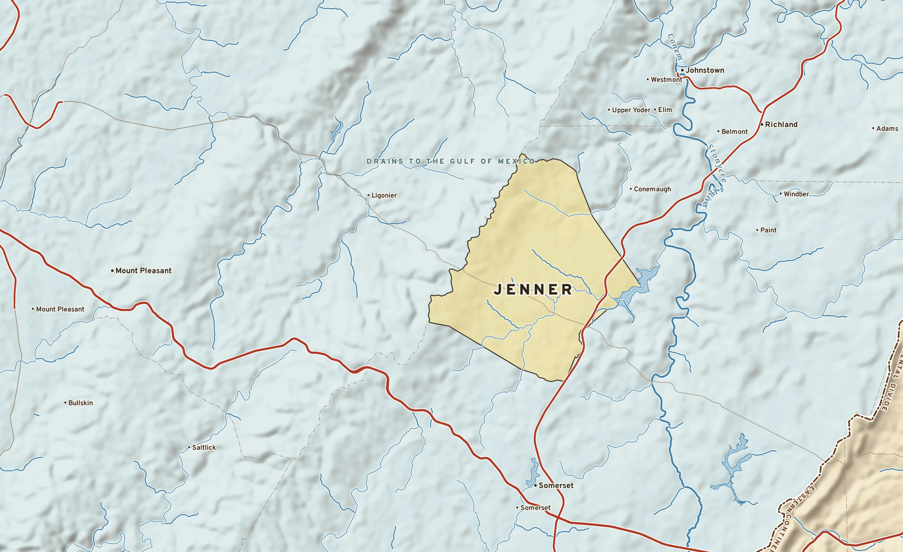Shaded-relief atlas plate of Jenner, Pennsylvania: rivers, roads, the city limits and where the water drains.