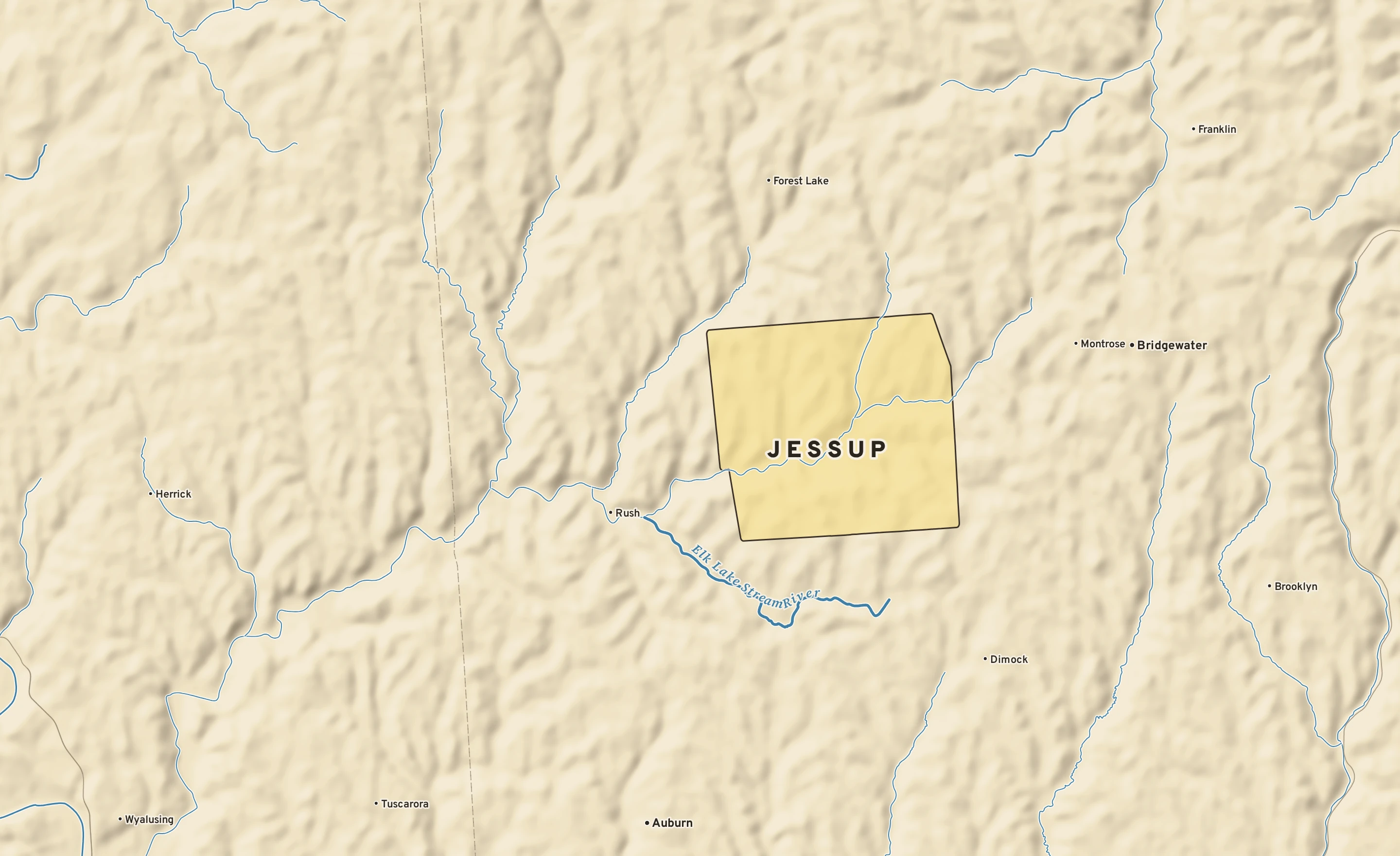 Shaded-relief atlas plate of Jessup, Pennsylvania: rivers, roads, the city limits and where the water drains.
