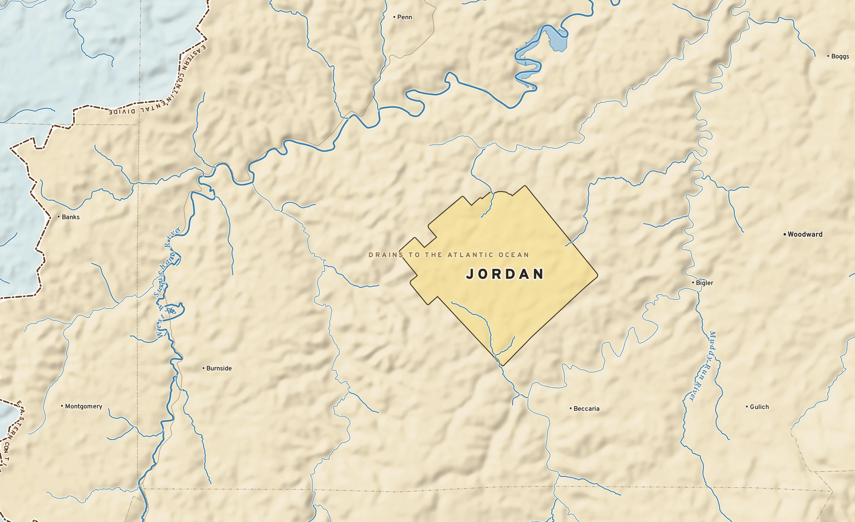Shaded-relief atlas plate of Jordan, Pennsylvania: rivers, roads, the city limits and where the water drains.