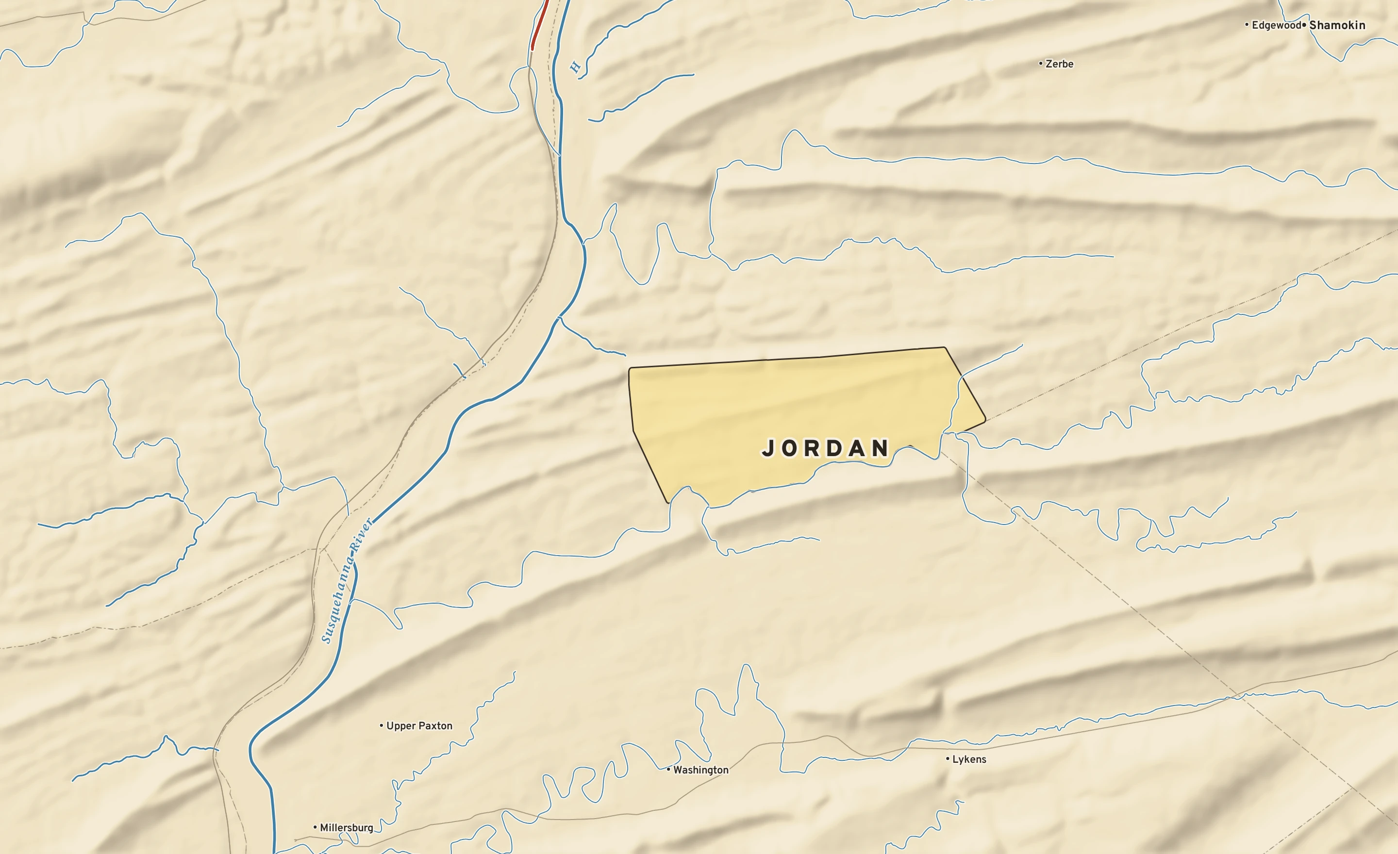 Shaded-relief atlas plate of Jordan, Pennsylvania: rivers, roads, the city limits and where the water drains.