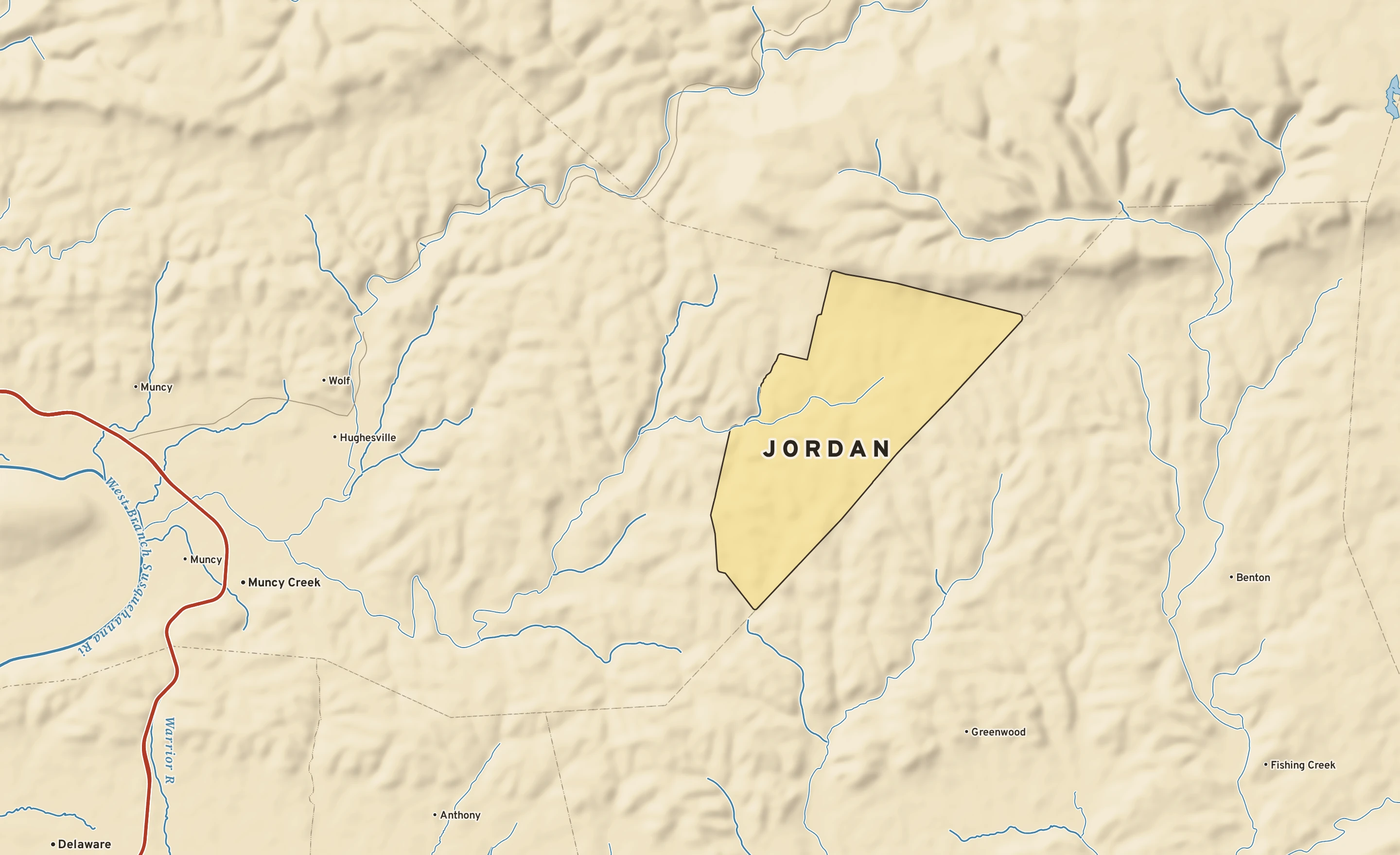 Shaded-relief atlas plate of Jordan, Pennsylvania: rivers, roads, the city limits and where the water drains.