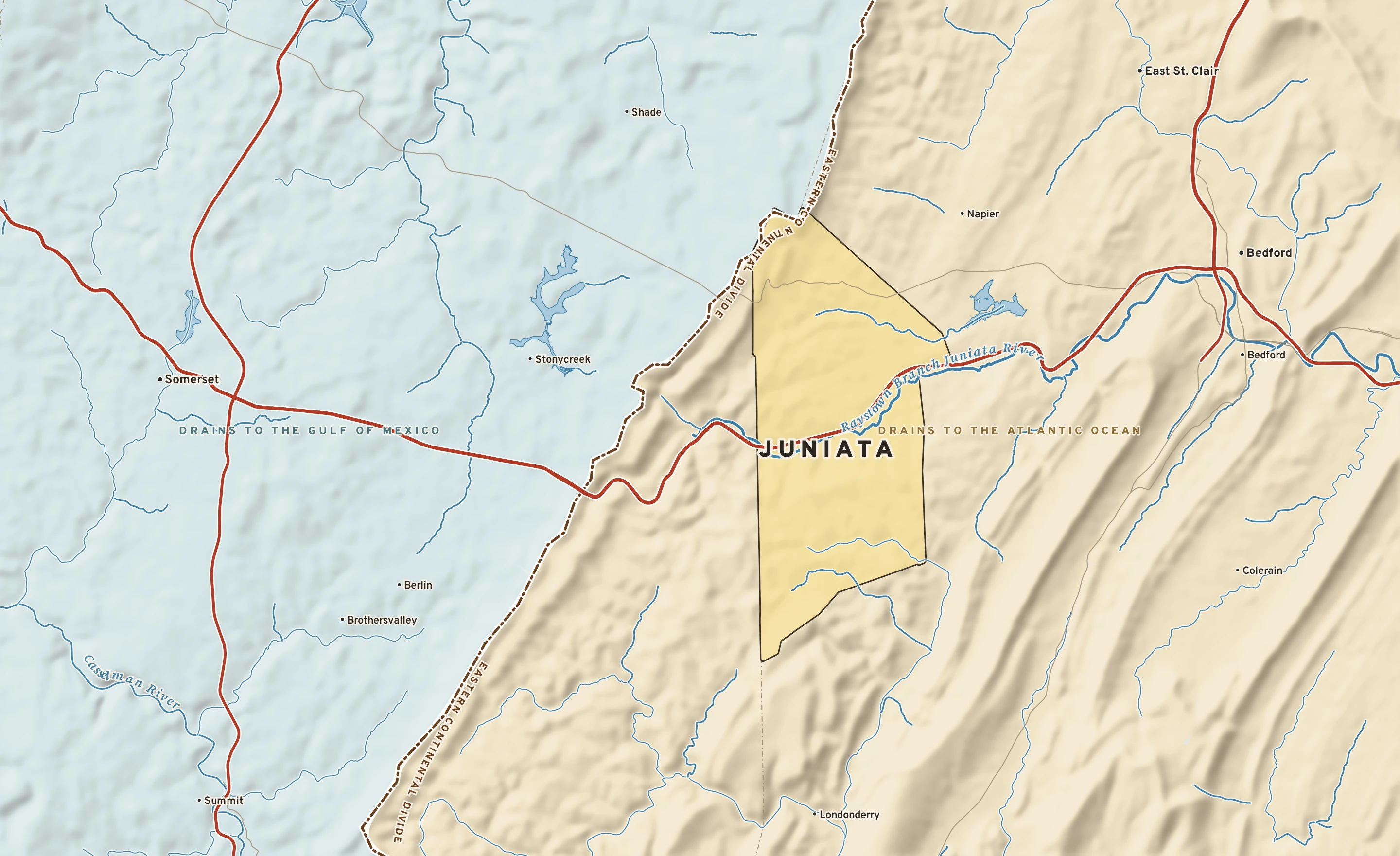 Shaded-relief atlas plate of Juniata, Pennsylvania: rivers, roads, the city limits and where the water drains.