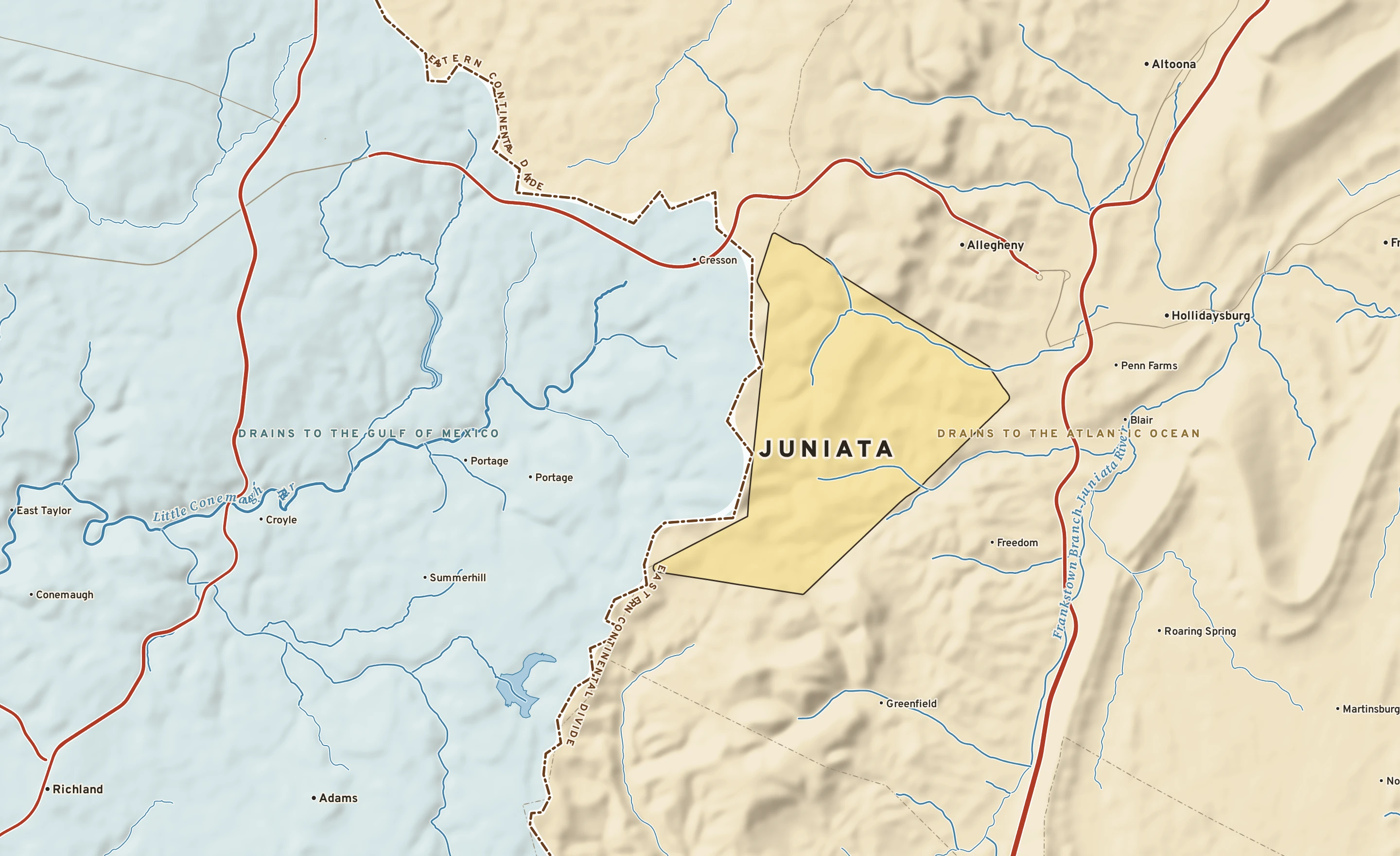 Shaded-relief atlas plate of Juniata, Pennsylvania: rivers, roads, the city limits and where the water drains.