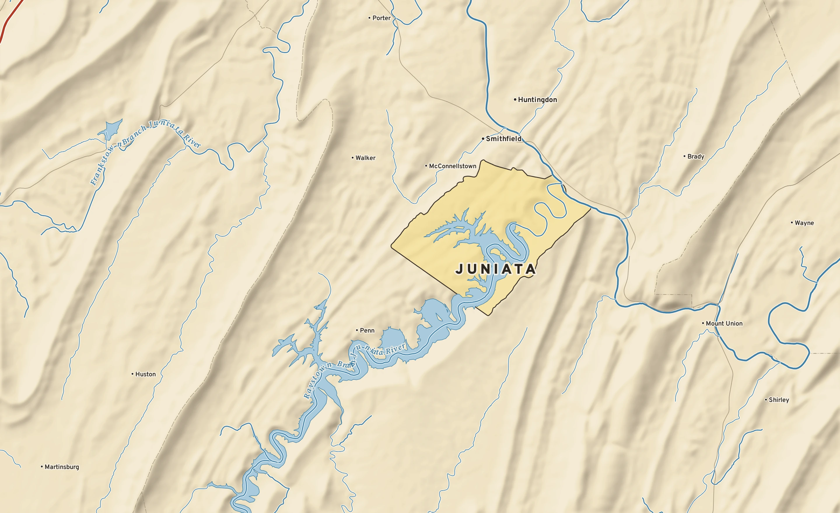 Shaded-relief atlas plate of Juniata, Pennsylvania: rivers, roads, the city limits and where the water drains.