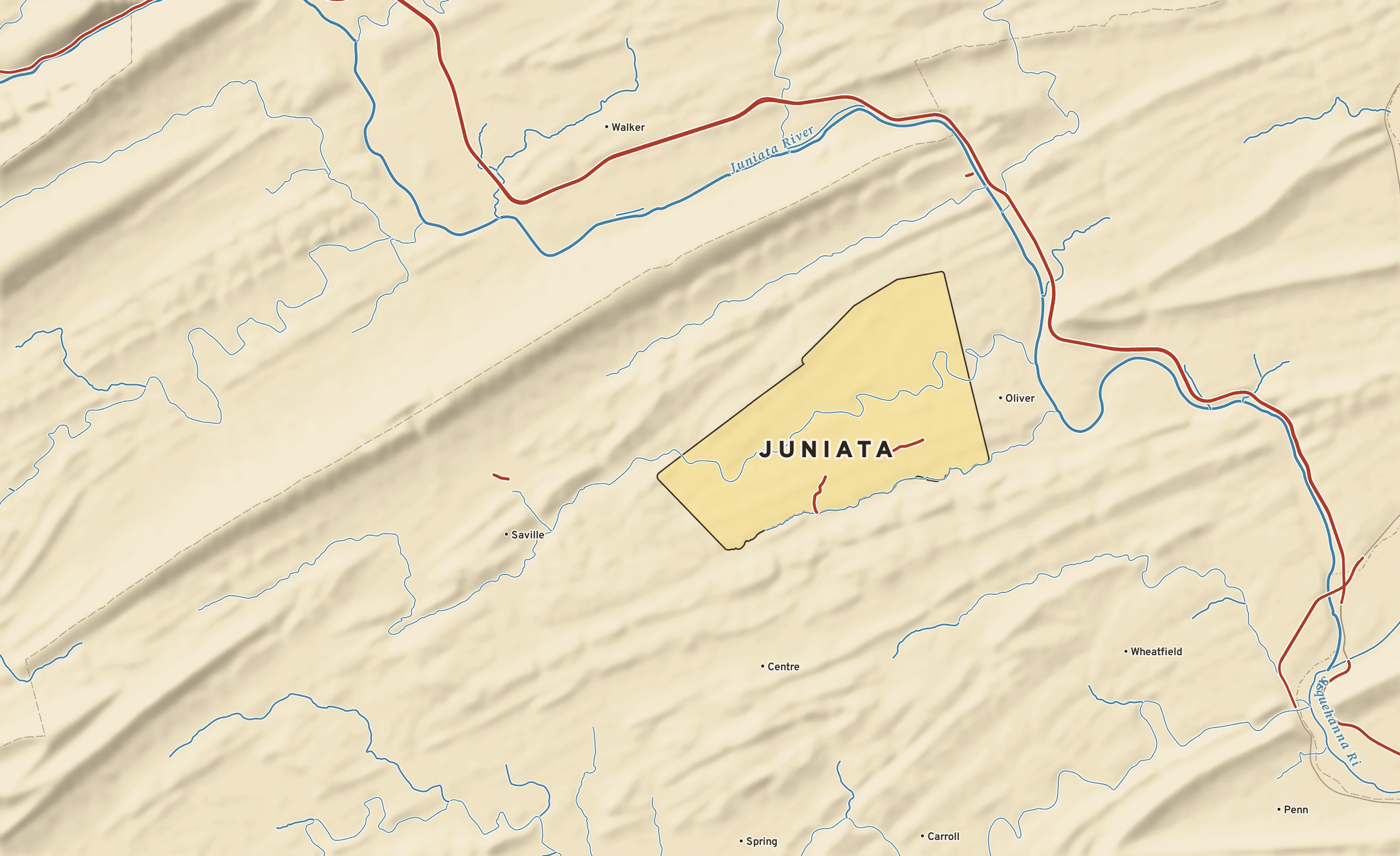 Shaded-relief atlas plate of Juniata, Pennsylvania: rivers, roads, the city limits and where the water drains.