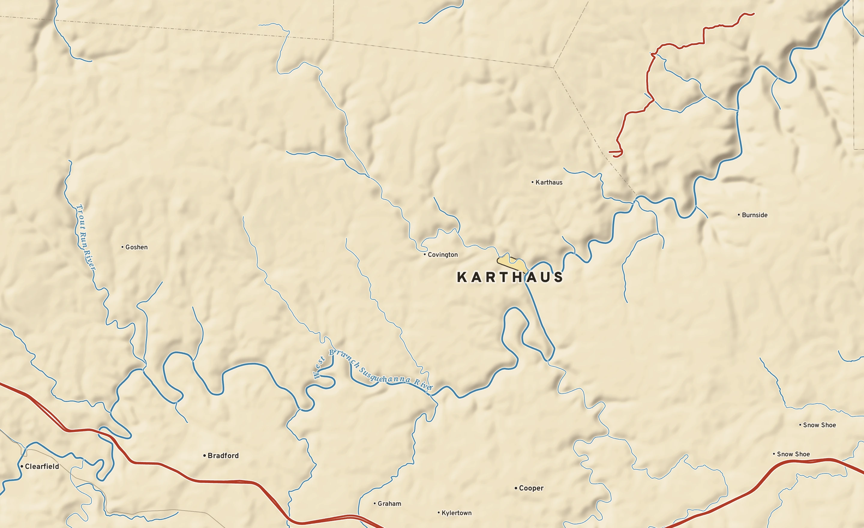 Shaded-relief atlas plate of Karthaus, Pennsylvania: rivers, roads, the city limits and where the water drains.