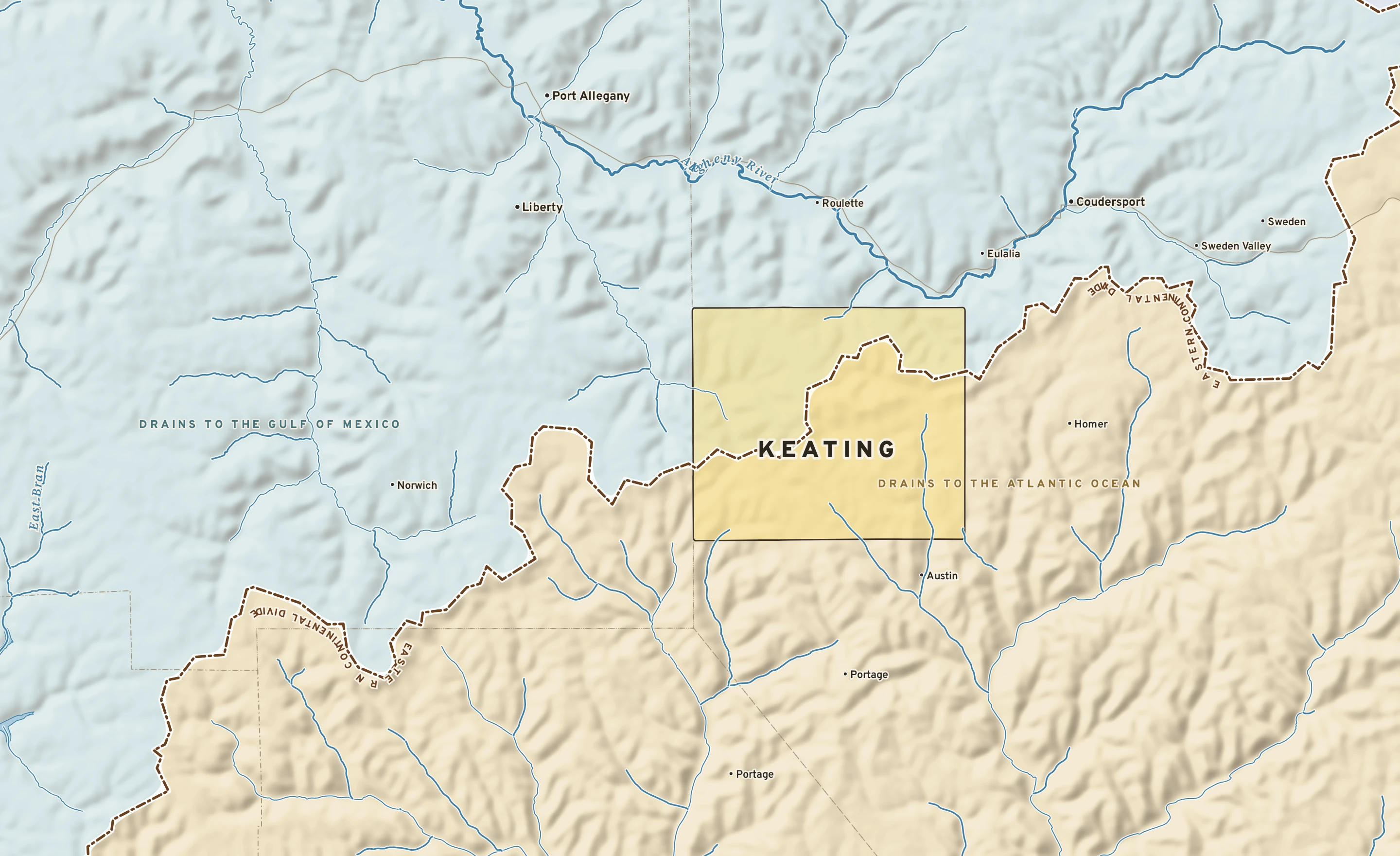 Shaded-relief atlas plate of Keating, Pennsylvania: rivers, roads, the city limits and where the water drains.