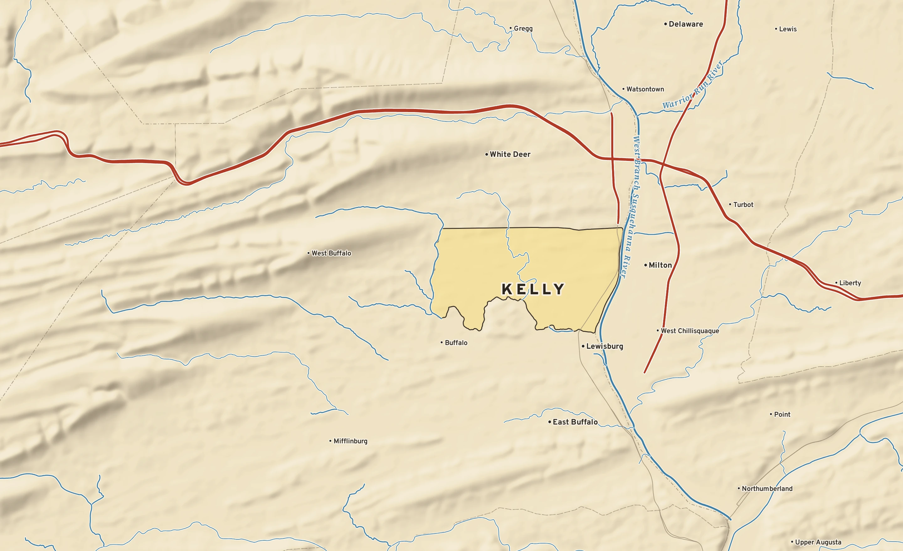 Shaded-relief atlas plate of Kelly, Pennsylvania: rivers, roads, the city limits and where the water drains.
