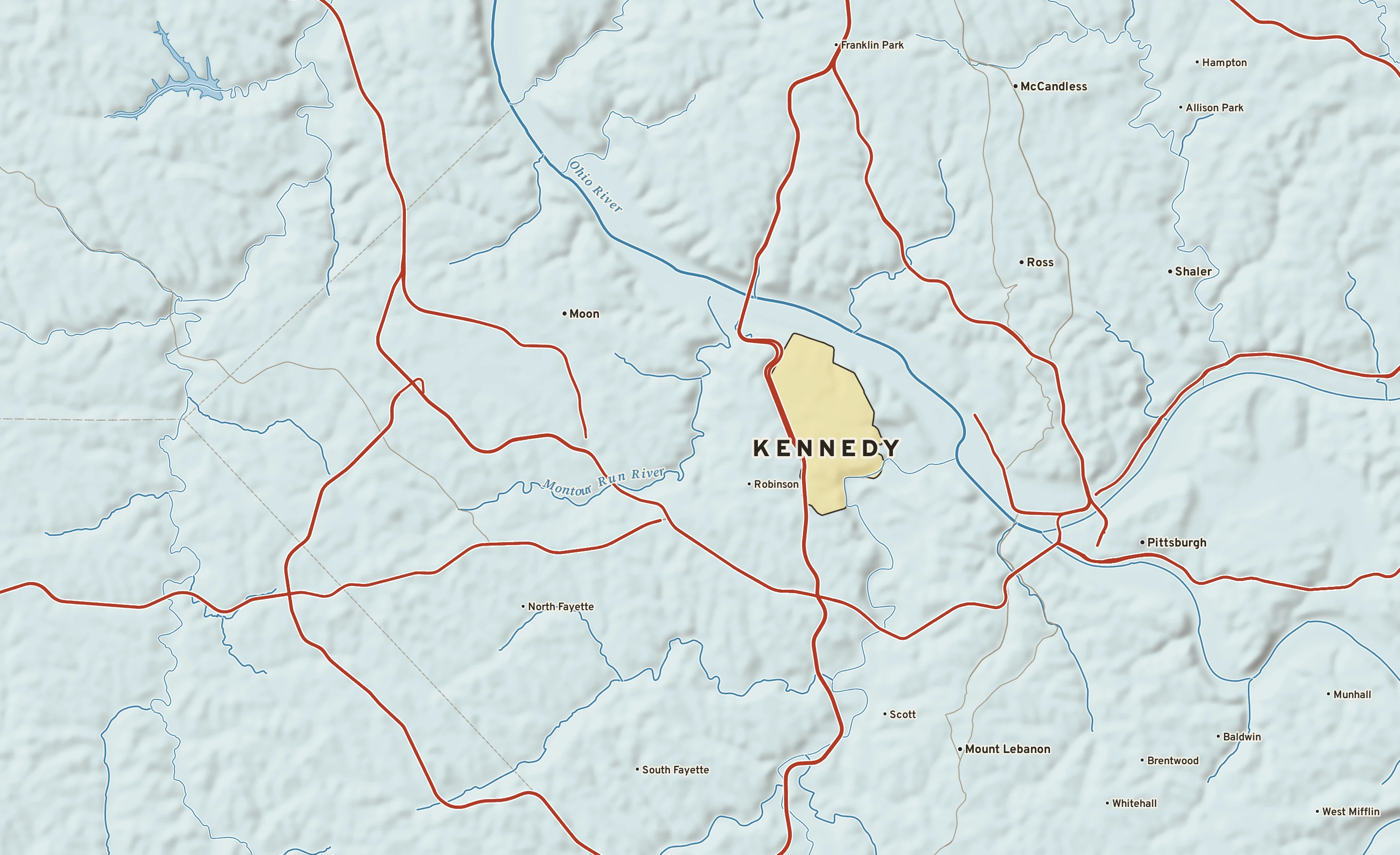 Shaded-relief atlas plate of Kennedy, Pennsylvania: rivers, roads, the city limits and where the water drains.