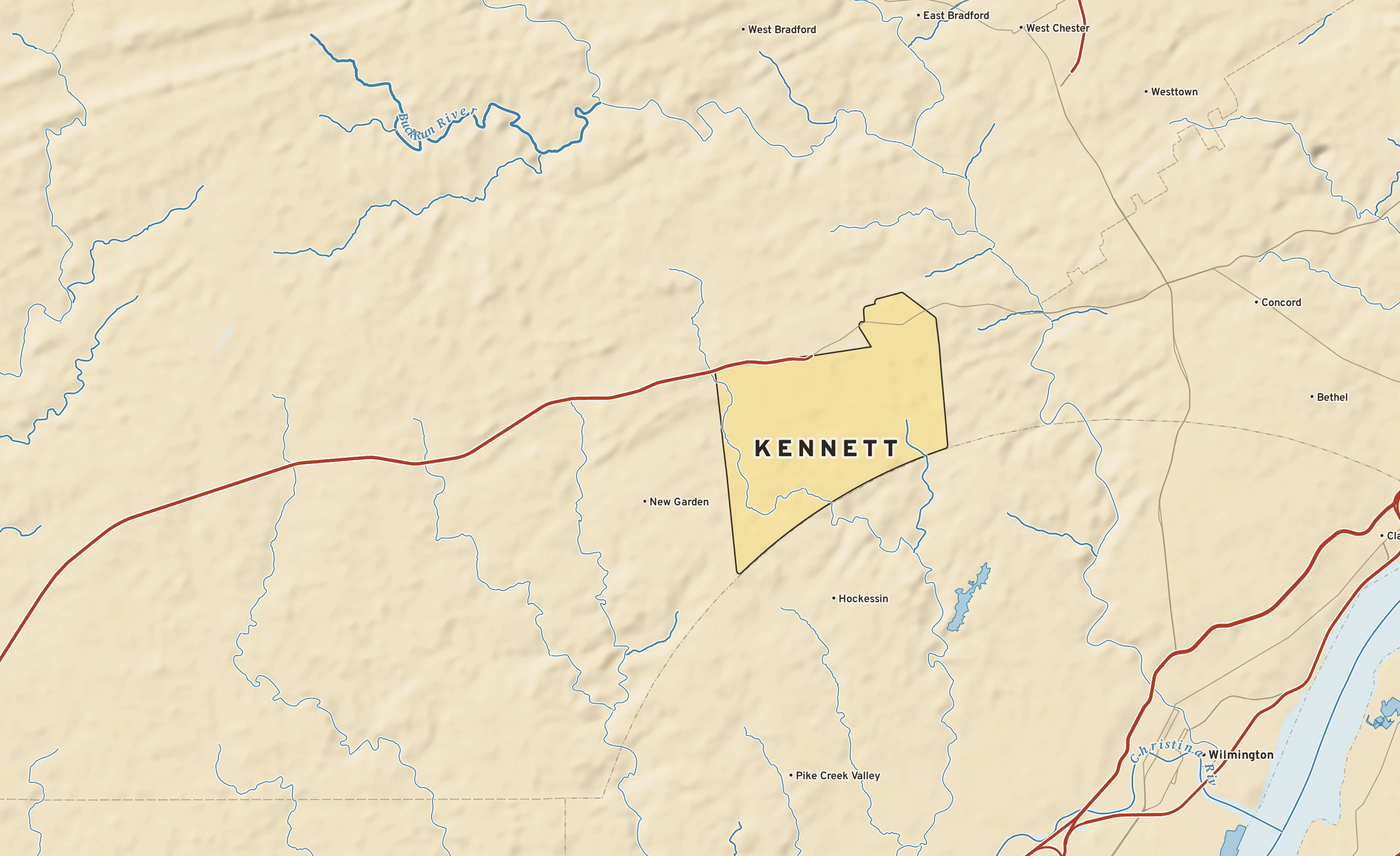 Shaded-relief atlas plate of Kennett, Pennsylvania: rivers, roads, the city limits and where the water drains.