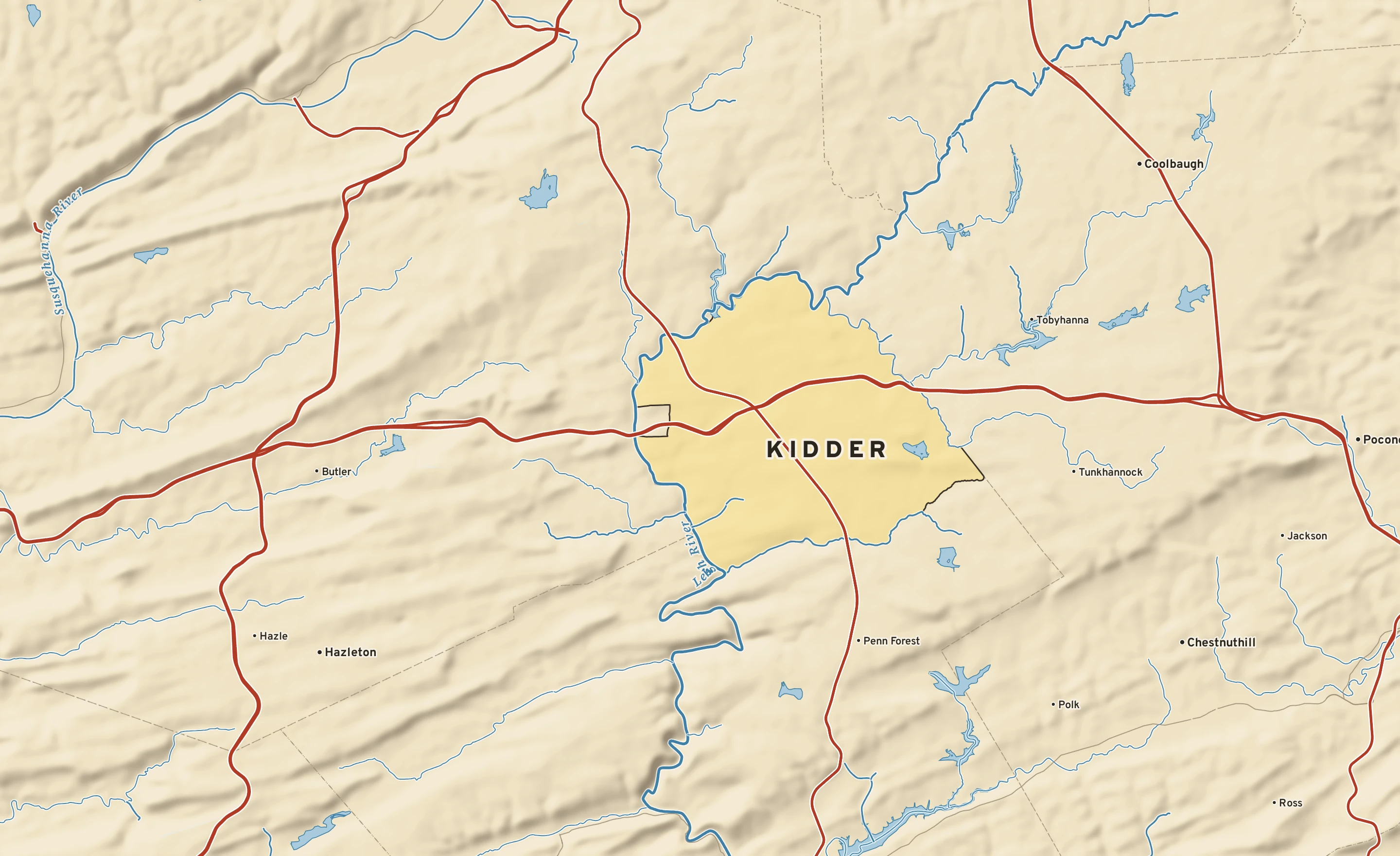 Shaded-relief atlas plate of Kidder, Pennsylvania: rivers, roads, the city limits and where the water drains.