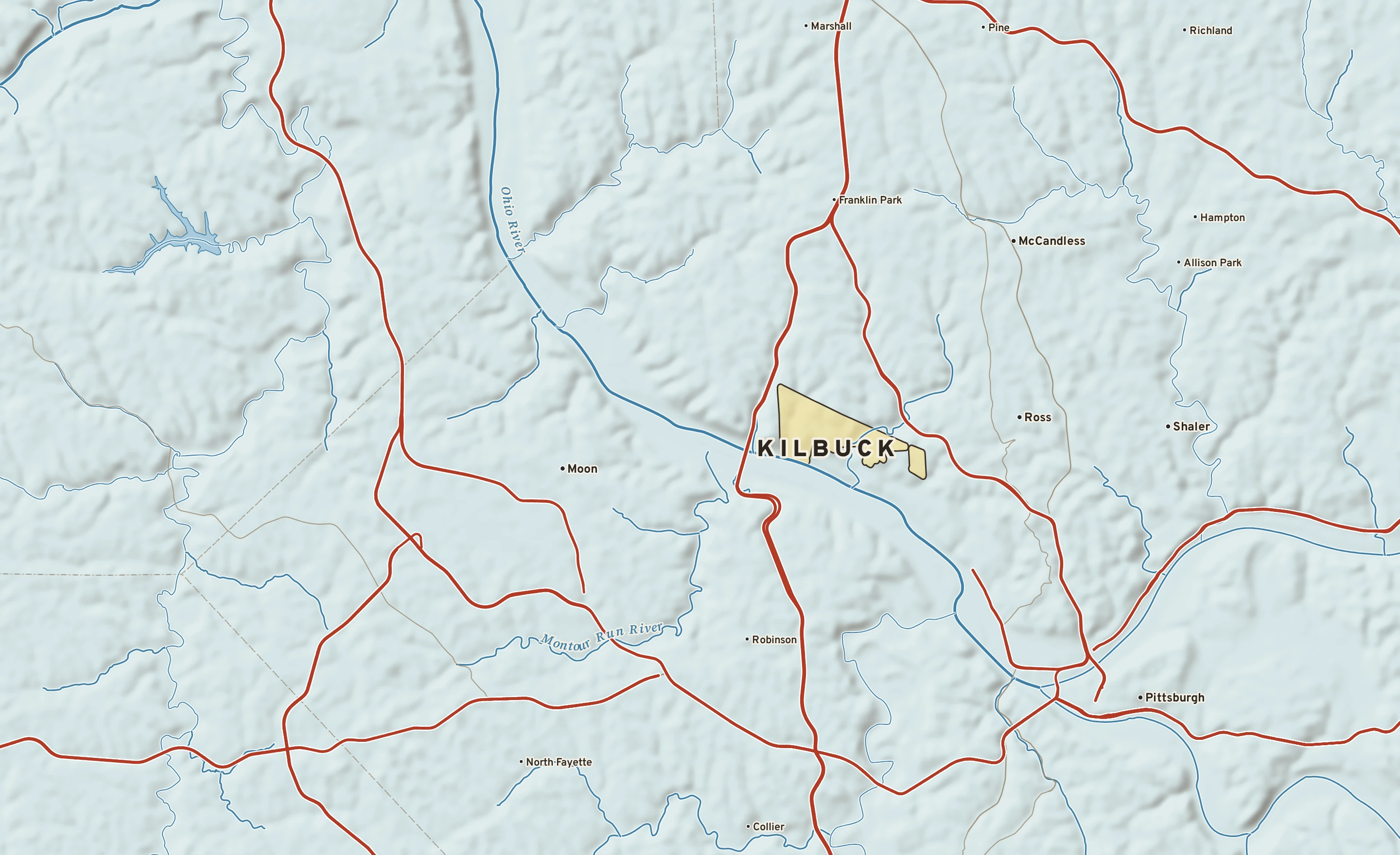 Shaded-relief atlas plate of Kilbuck, Pennsylvania: rivers, roads, the city limits and where the water drains.