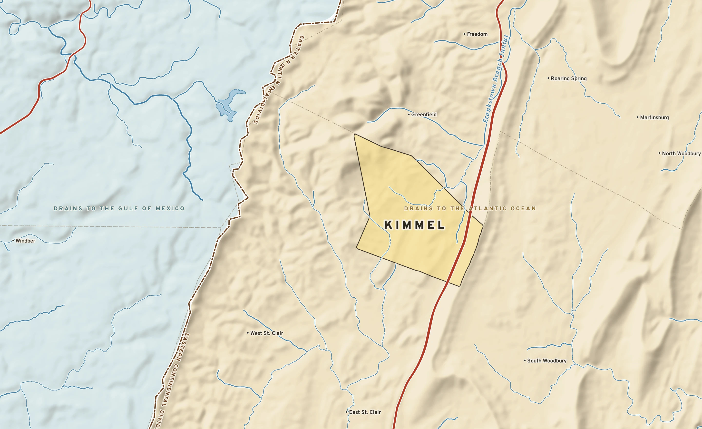 Shaded-relief atlas plate of Kimmel, Pennsylvania: rivers, roads, the city limits and where the water drains.