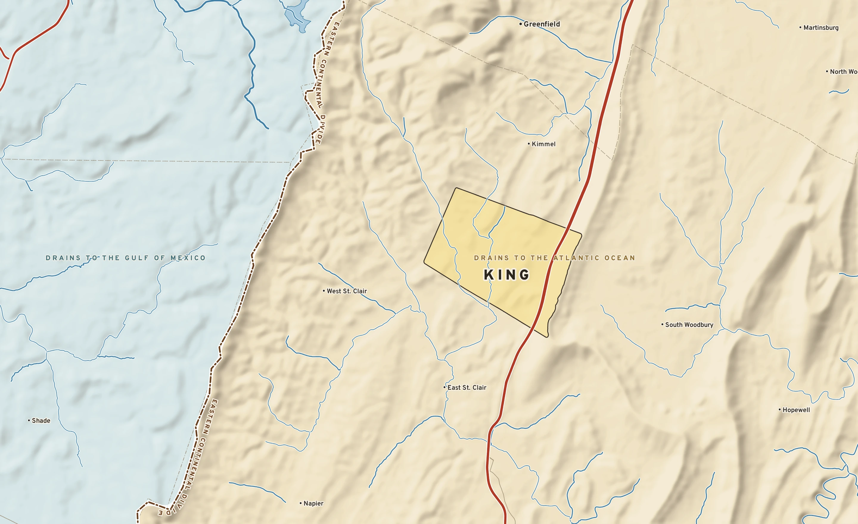 Shaded-relief atlas plate of King, Pennsylvania: rivers, roads, the city limits and where the water drains.