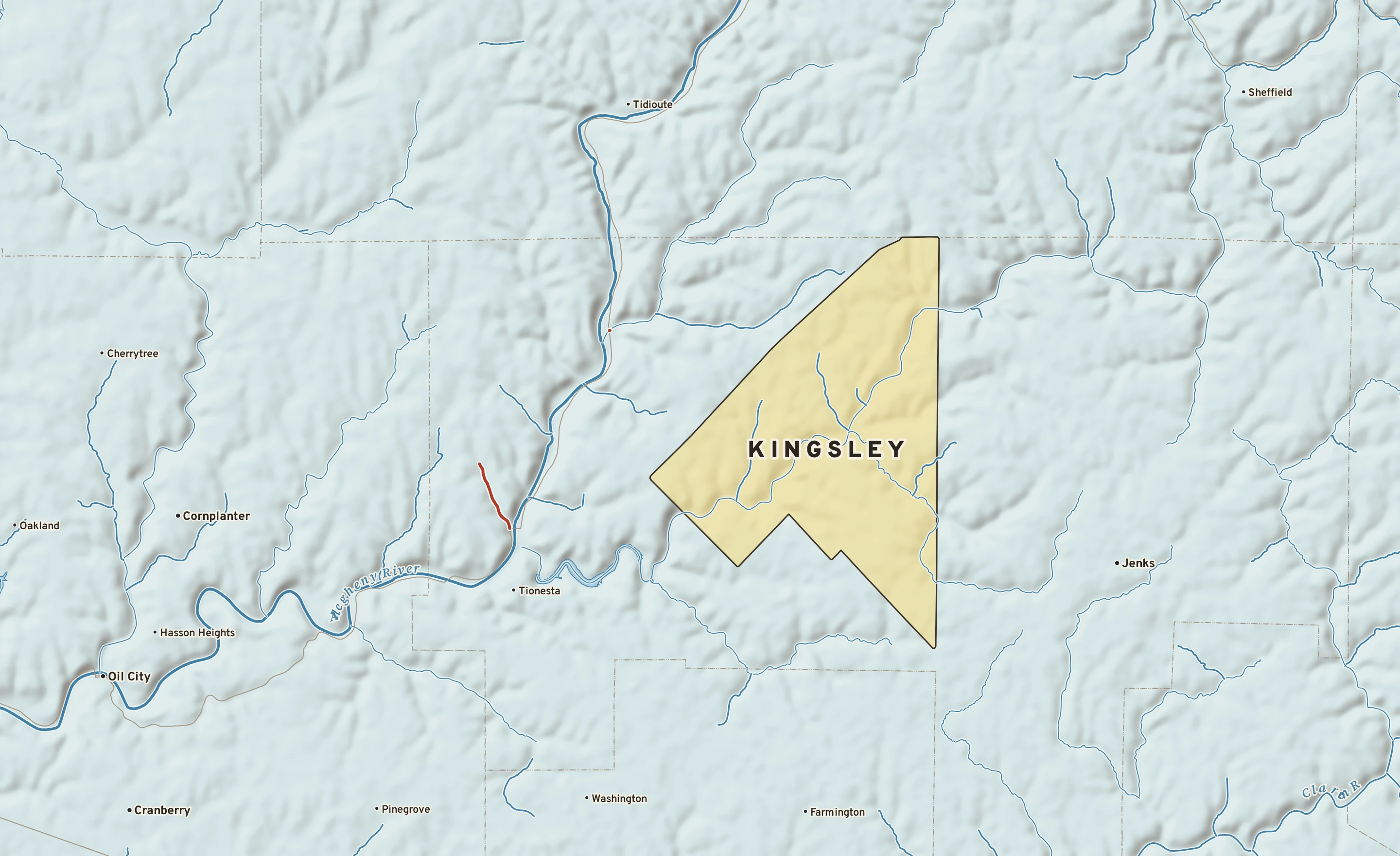Shaded-relief atlas plate of Kingsley, Pennsylvania: rivers, roads, the city limits and where the water drains.